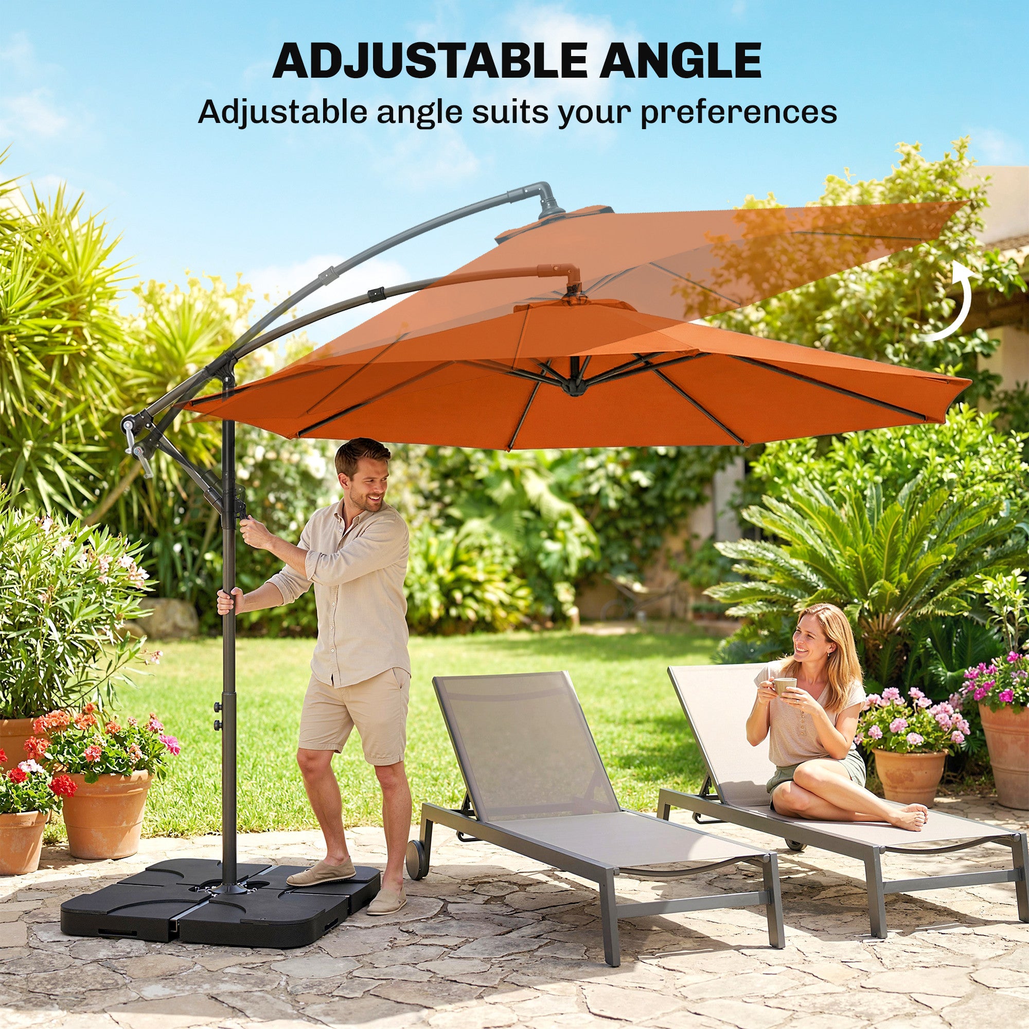 3m Overhanging Parasol, with Base, Weights and Cover - Orange