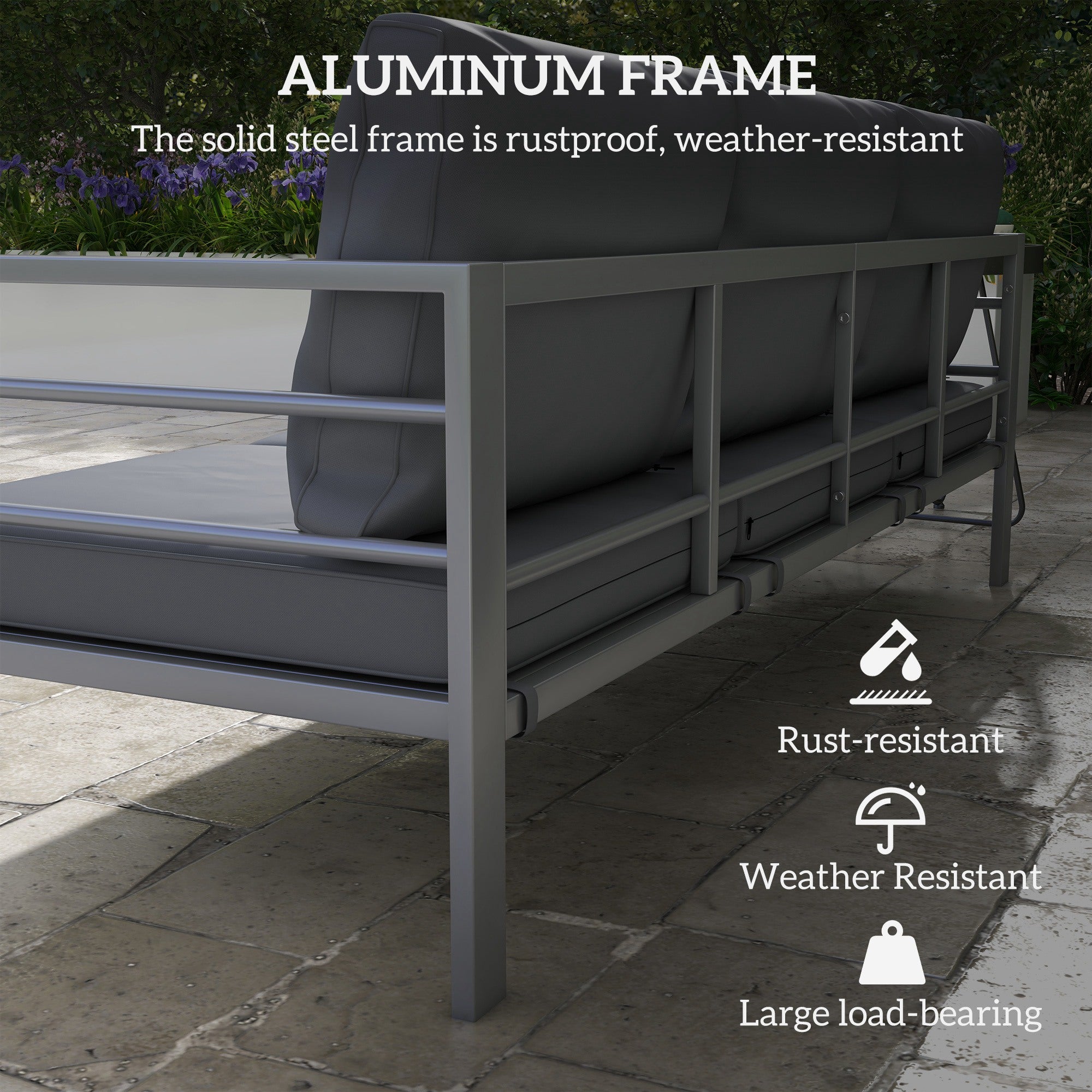 Aluminium Three-Seater Garden Bench, with Cushions - Grey