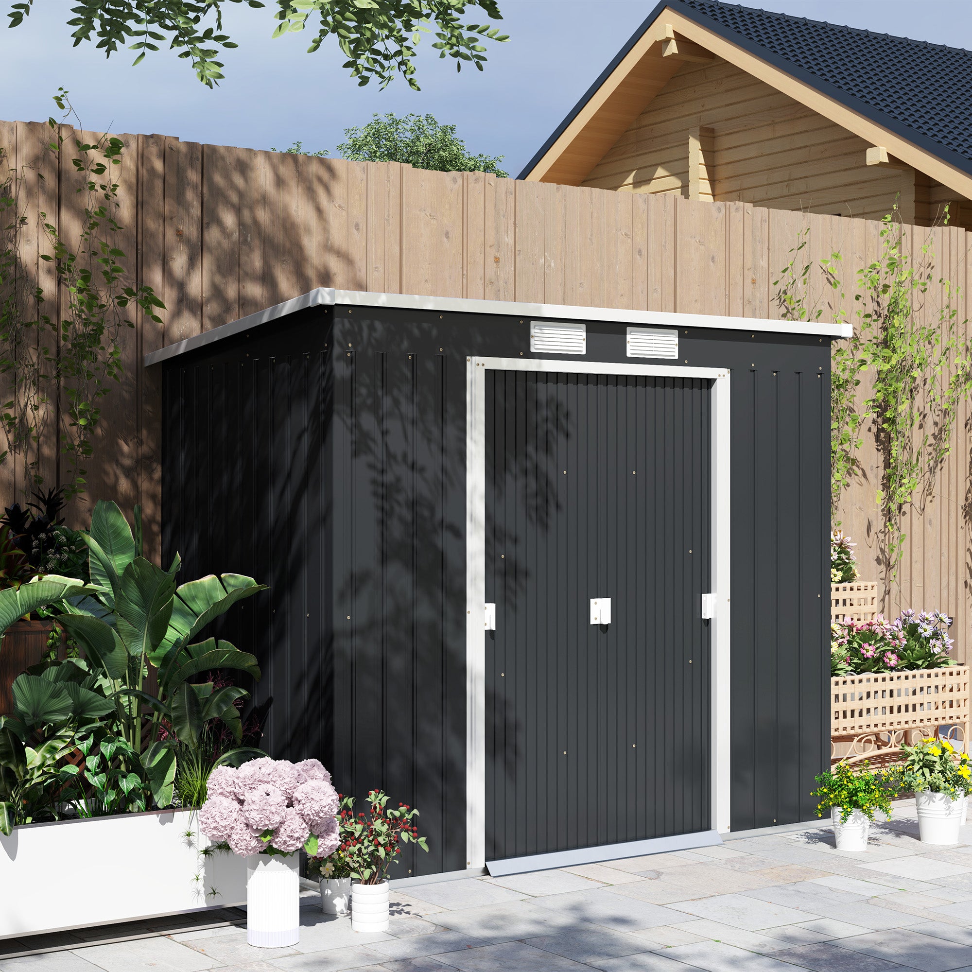 7 x 4ft Galvanised Steel Garden Shed with Foundation Kit - Dark Grey