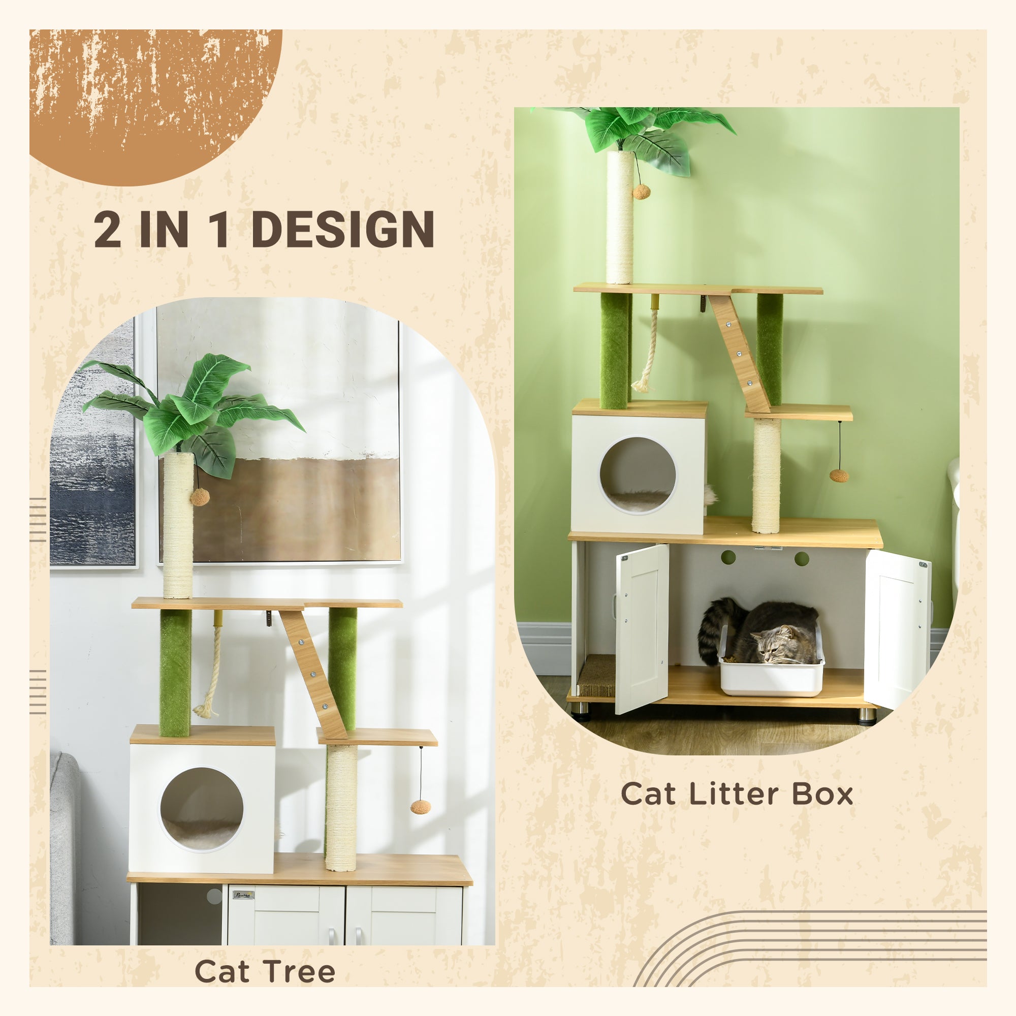 2-in-1 Hidden Cat Litter Box, Green Leaf Cat Tree, with House, Ladder, Scratching Posts, Platforms, Indoors -Oak