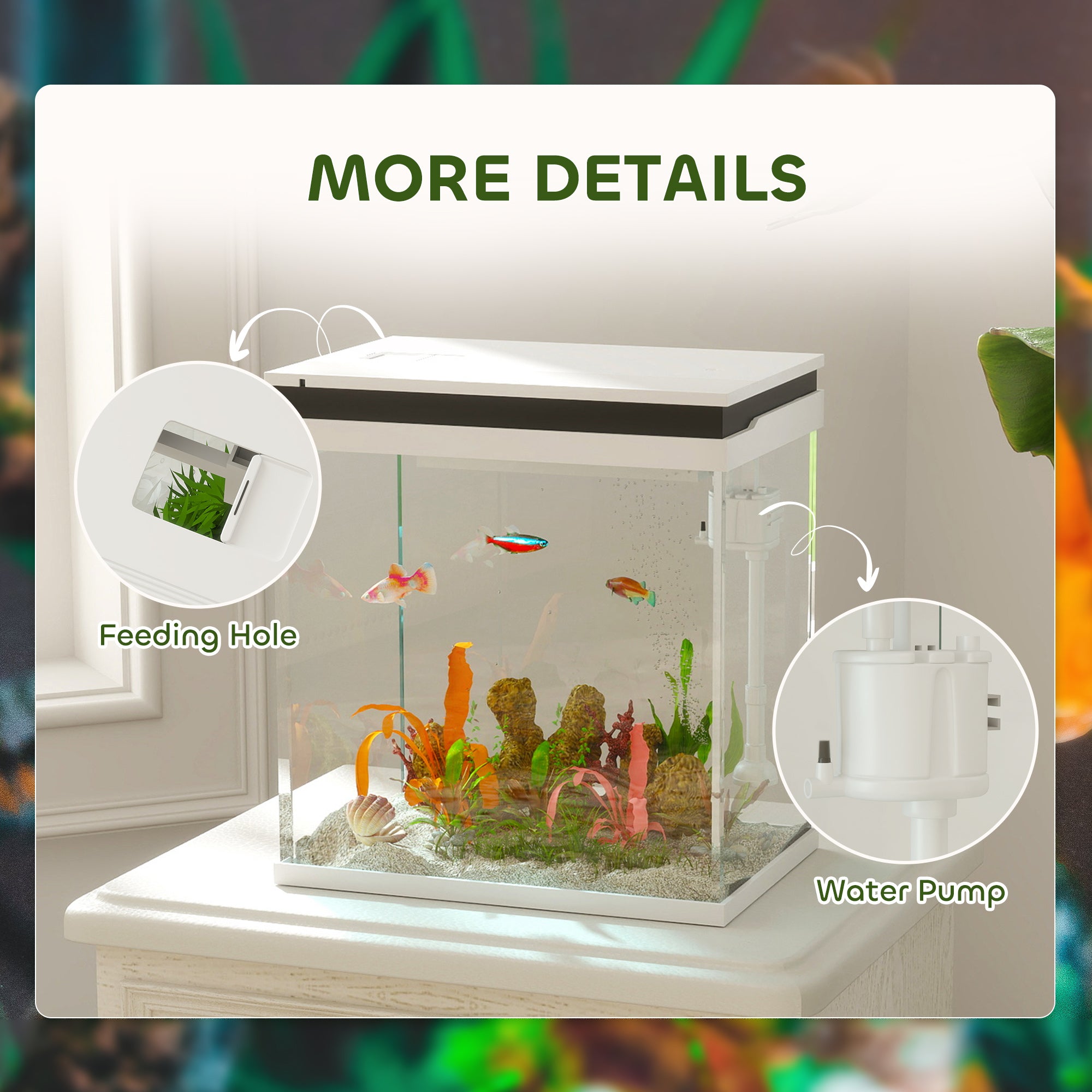 14L Glass Fish Tank with Filter System, LED Lights, Water Pump, White