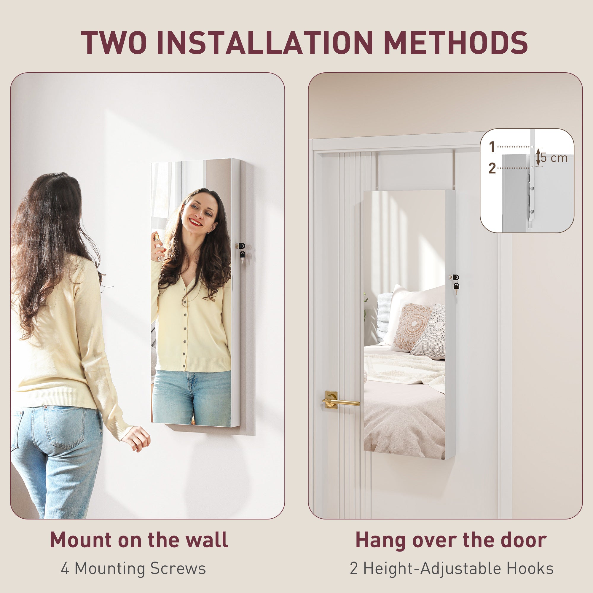 108 x 37cm Lockable Jewellery Cabinet, with LED Lights - White Surface and Pink Lining