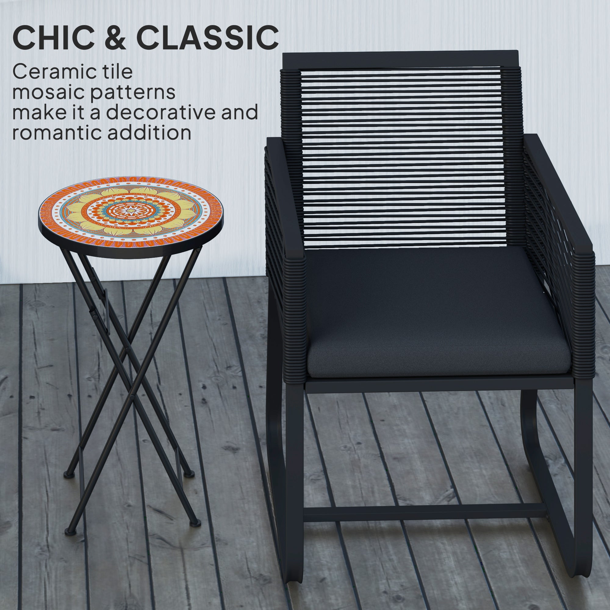 Mosaic Outdoor Garden Table, 35.5cm Round Folding Coffee Table with Metal Frame for Balcony Terrace, Orange