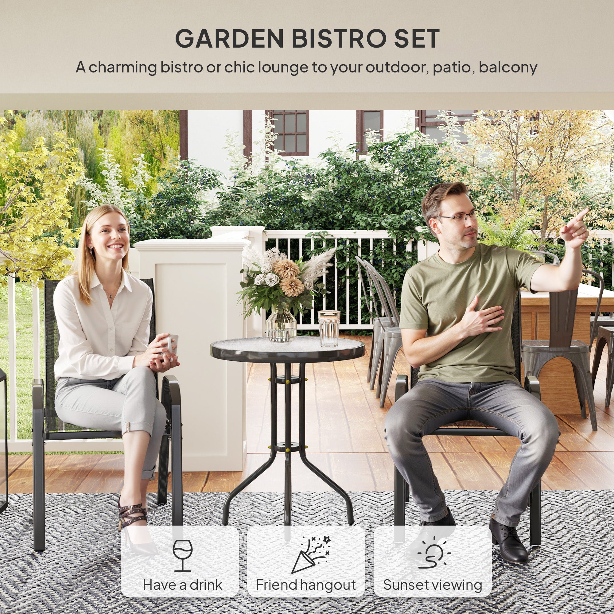 Three-Piece Outdoor Garden Set with Table and Chairs - Black