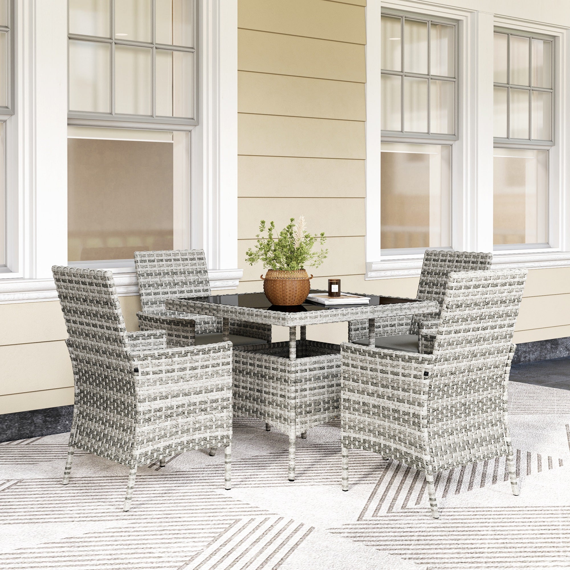 Rattan Garden Furniture Set, Outdoor Dining Table and Chairs 4 Seater with Cushions, Square Tempered Glass Top, 4 Armchairs, for Balcony, Terrace, Conservatory, Mixed-Grey