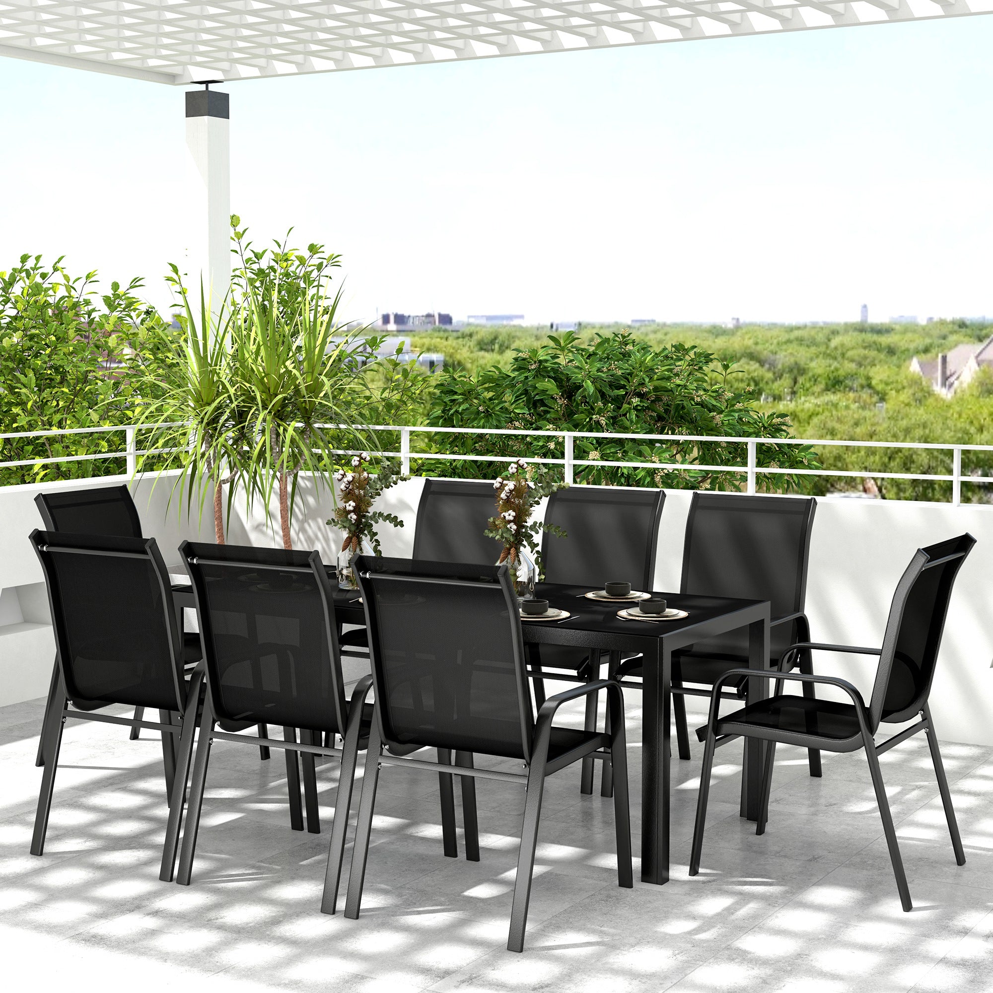 8 Seater Garden Dining Set with Stacking Chairs, Rectangular Tempered Glass Top, Garden Furniture Set, Outdoor Dining Table and Chairs for Patio, Balcony, Poolside, Black