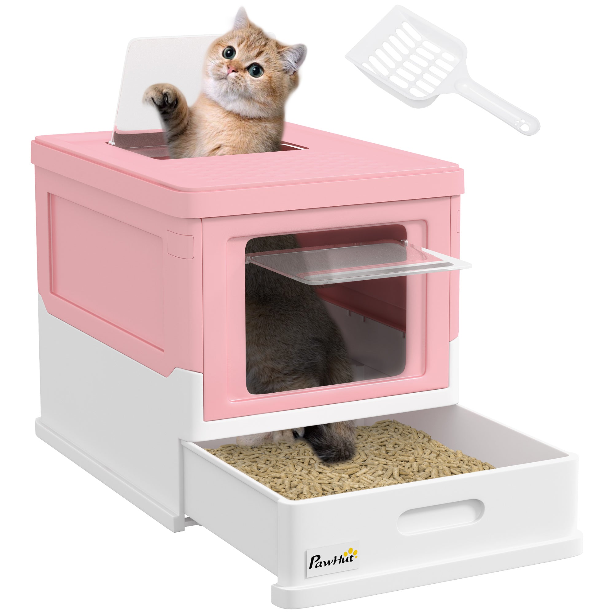 Hooded Cat Litter Box, Portable Pet Toilet, with Scoop, Front Entry - Pink
