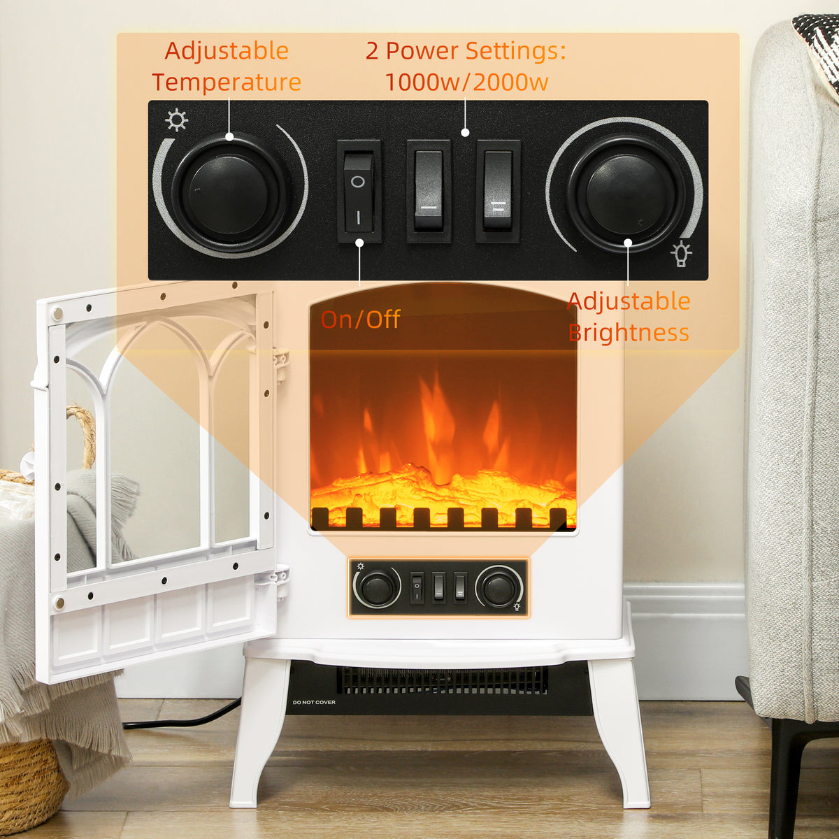 Freestanding Electric Stove Heater with LED Flame Effect, Overheating Safety, 1000W/2000W - White