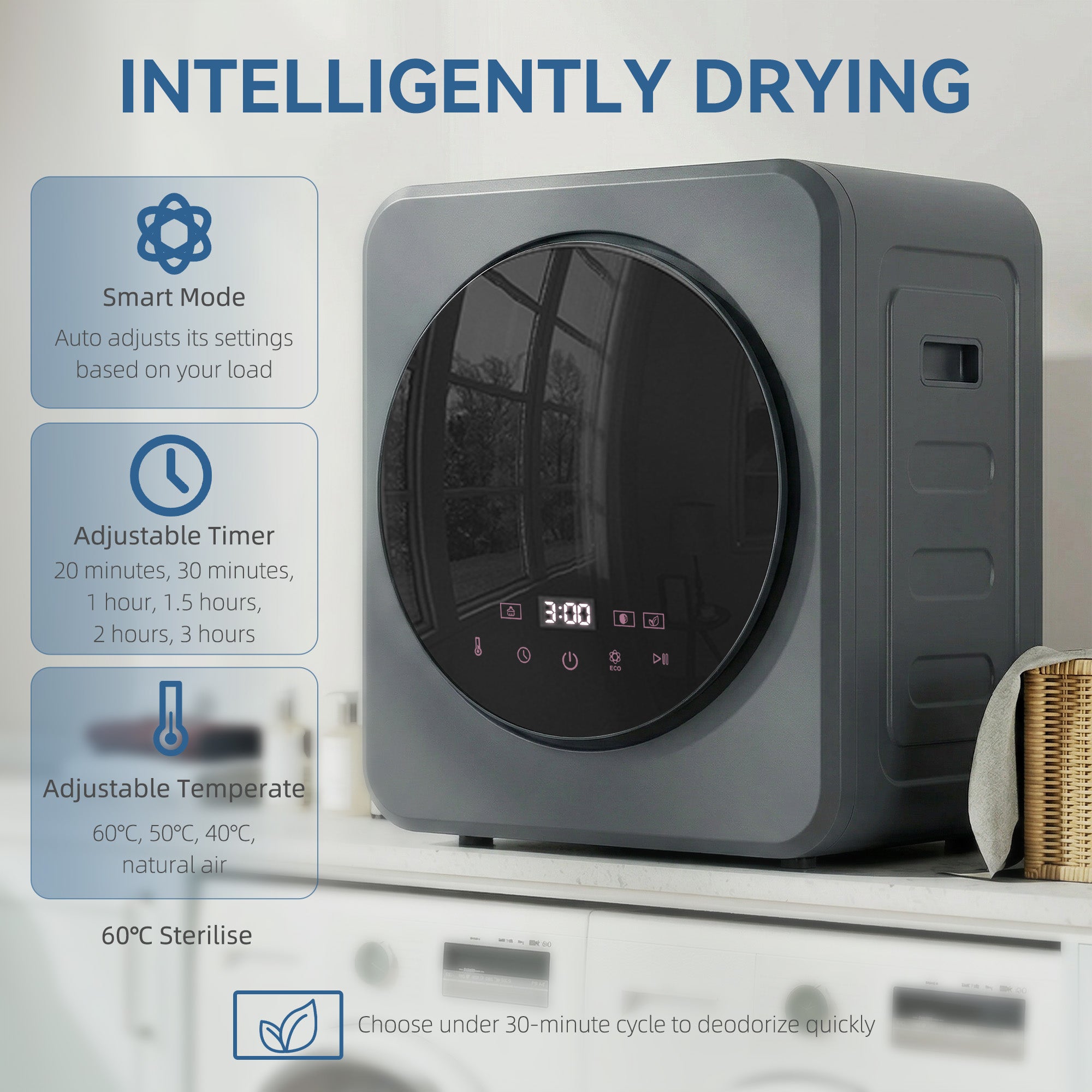Vented Tumble Dryer, 4kg Front Tumble Dryer with Stainless Steel Tub, 800W Compact Freestanding Grey