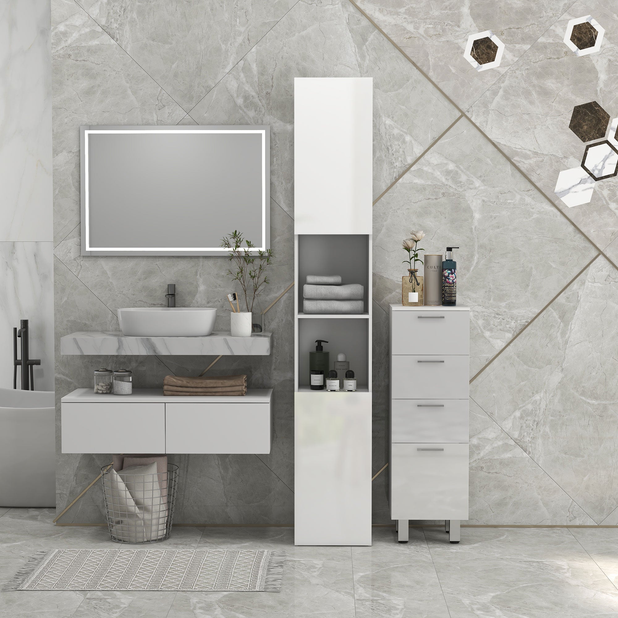 Multi-Storage Slim Bathroom Cabinet - High Gloss White