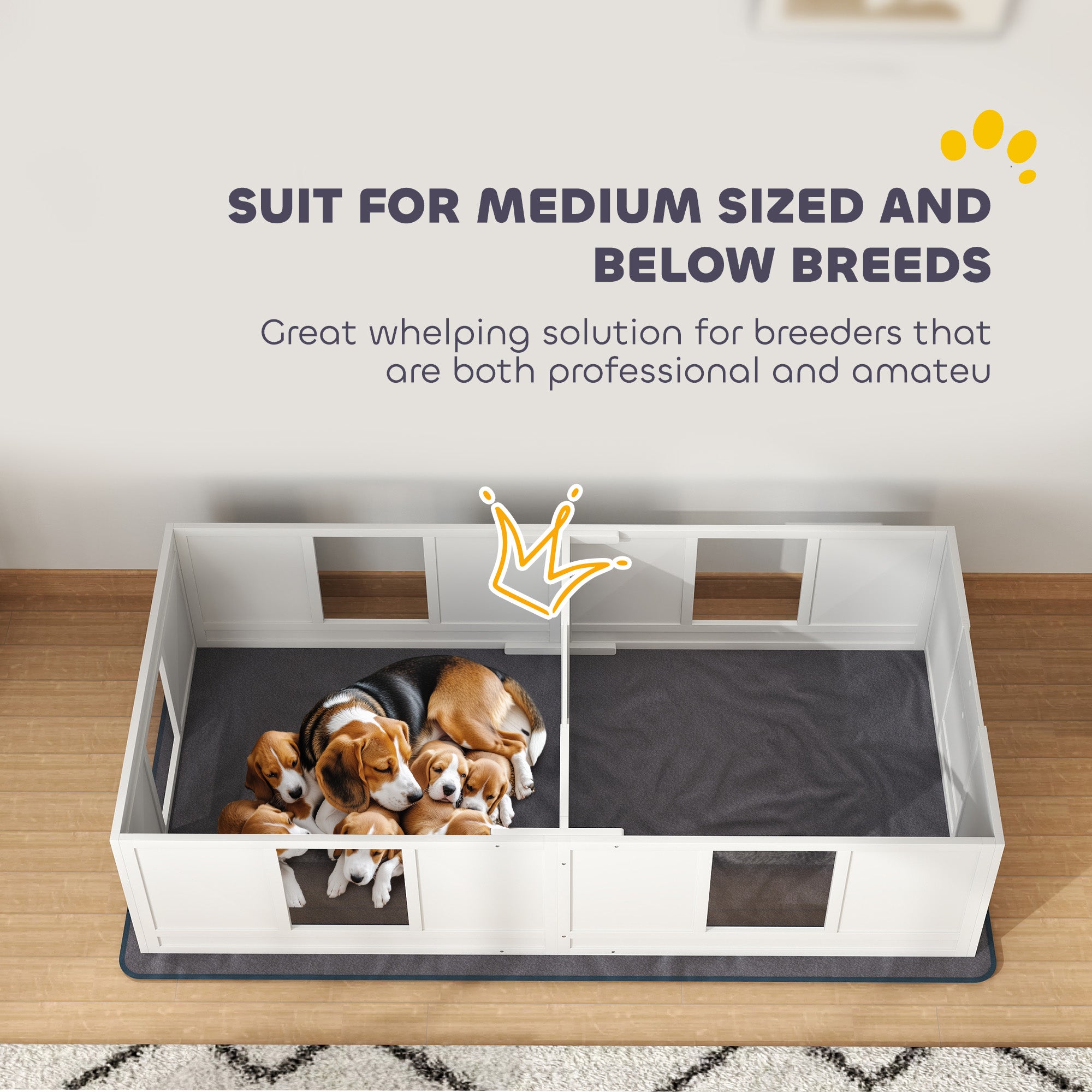 Two Room Design Whelping Box for Dogs with Whelping Pad, Clear Panels, Adjustable Entrance, for Medium Dogs, 196 x 96cm