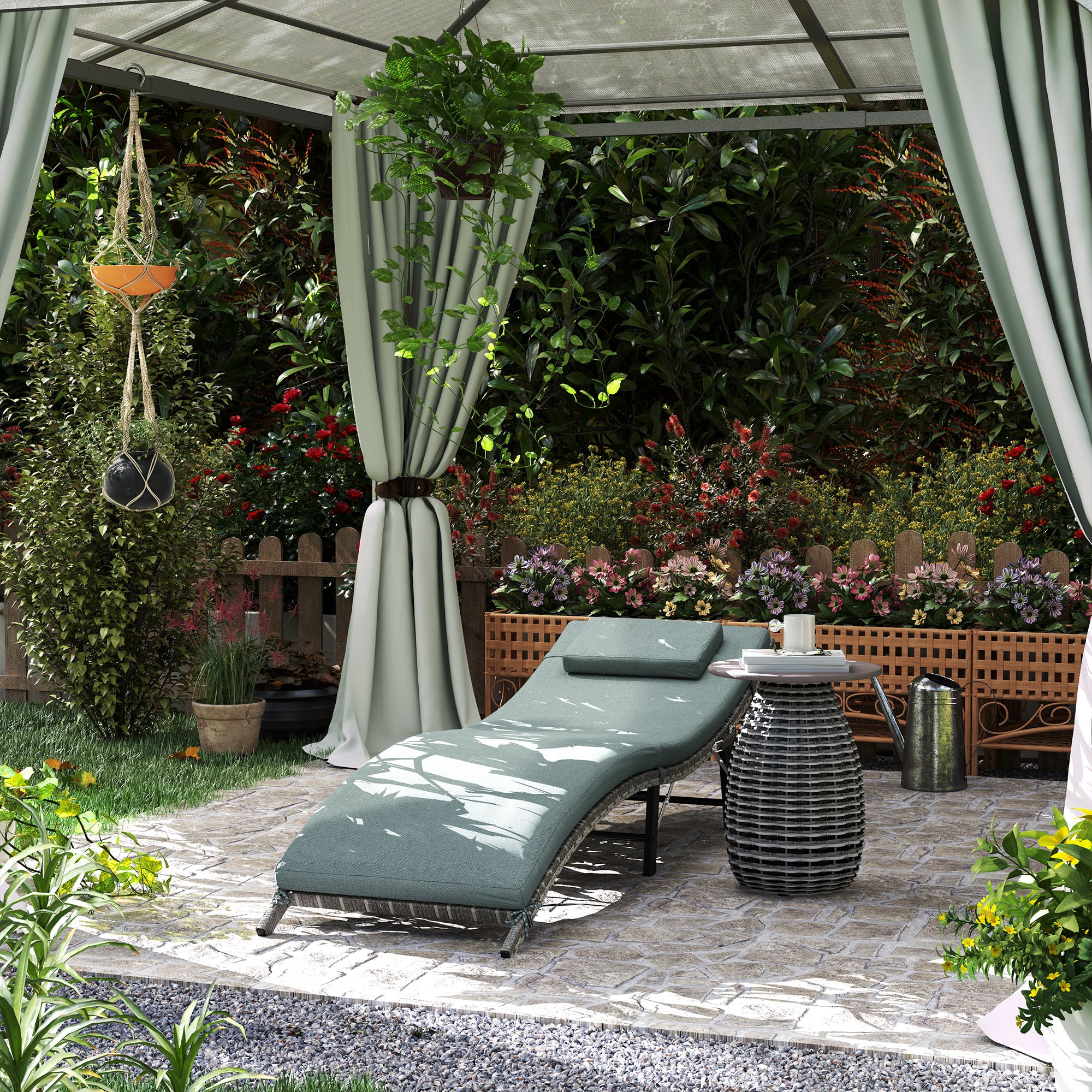 Rattan Folding Sun Lounger with Cushion and Pillow - Mixed Grey