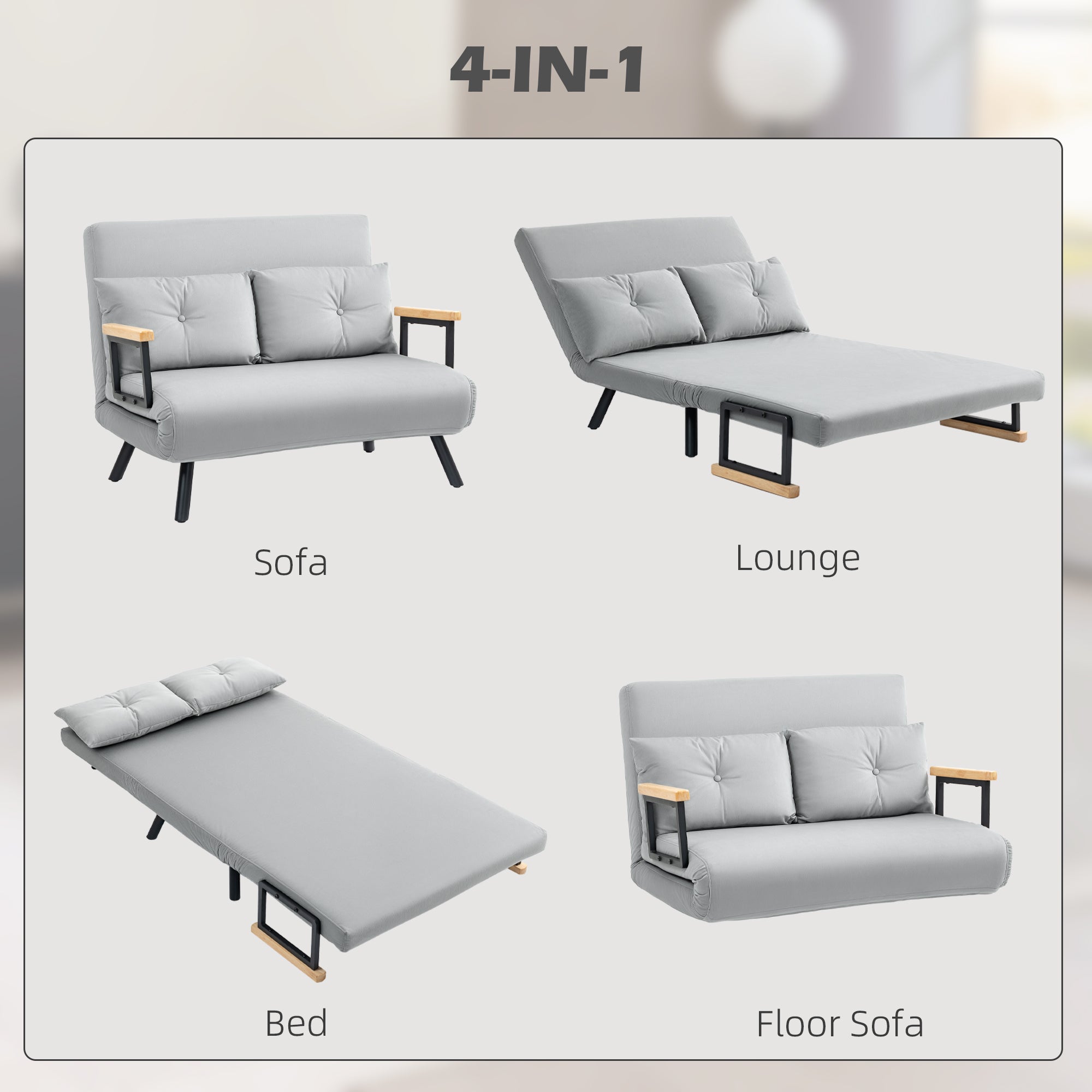 4-in-1 Velvet-Feel Double Sofa Bed with Pillows - Light Grey