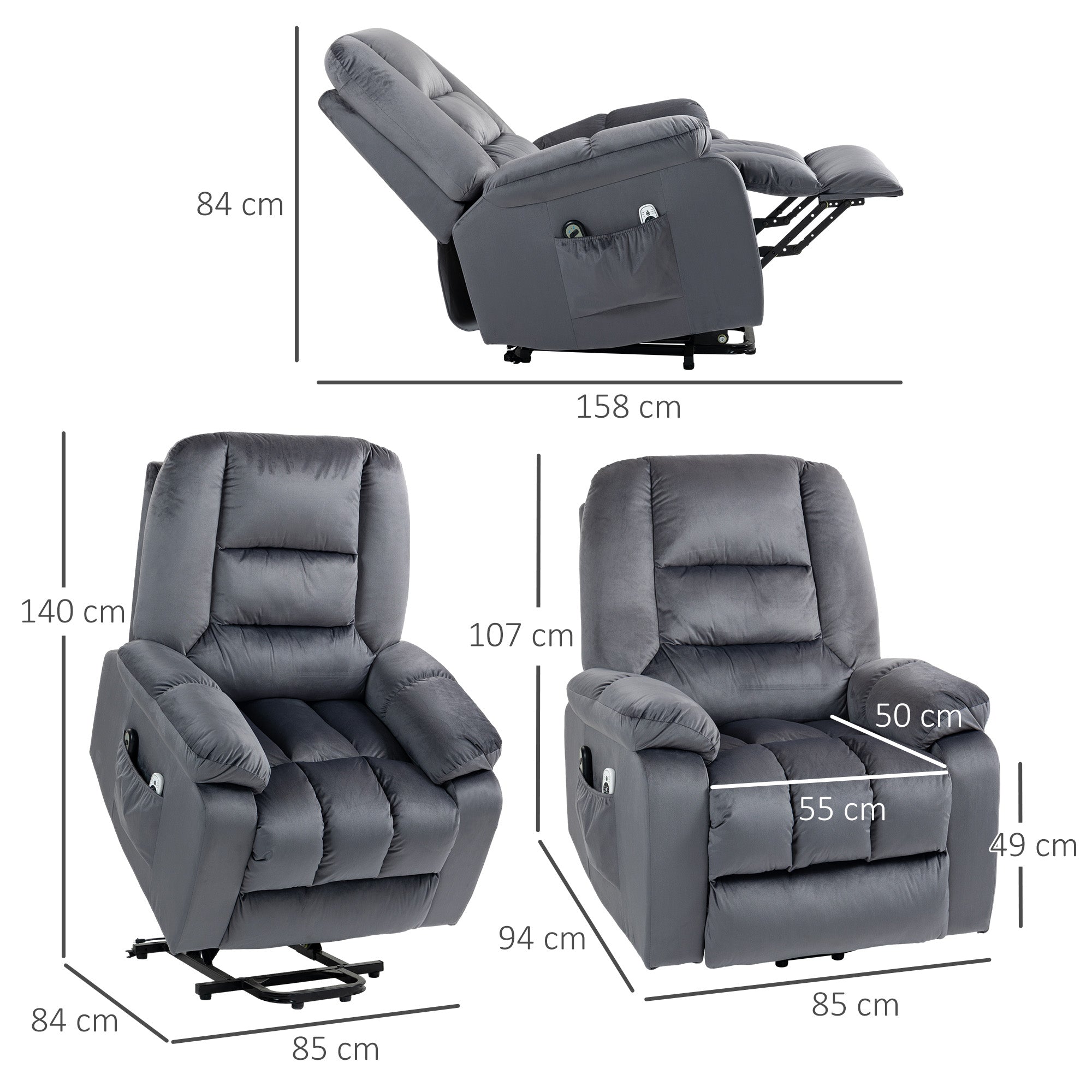 Leathaire Eight Massage Point Armchair, with Heat and Reclining Back - Grey