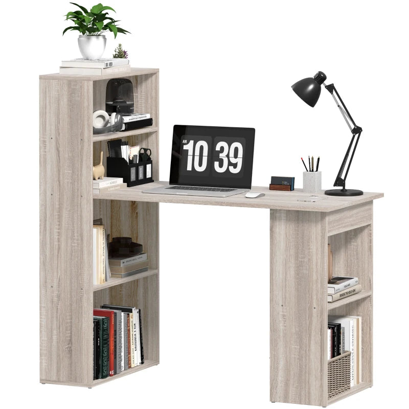 120cm Modern Computer Desk Bookshelf Study Table Workstation PC Laptop Writing Home Office 6 Shelves, Grey Wood-Effect