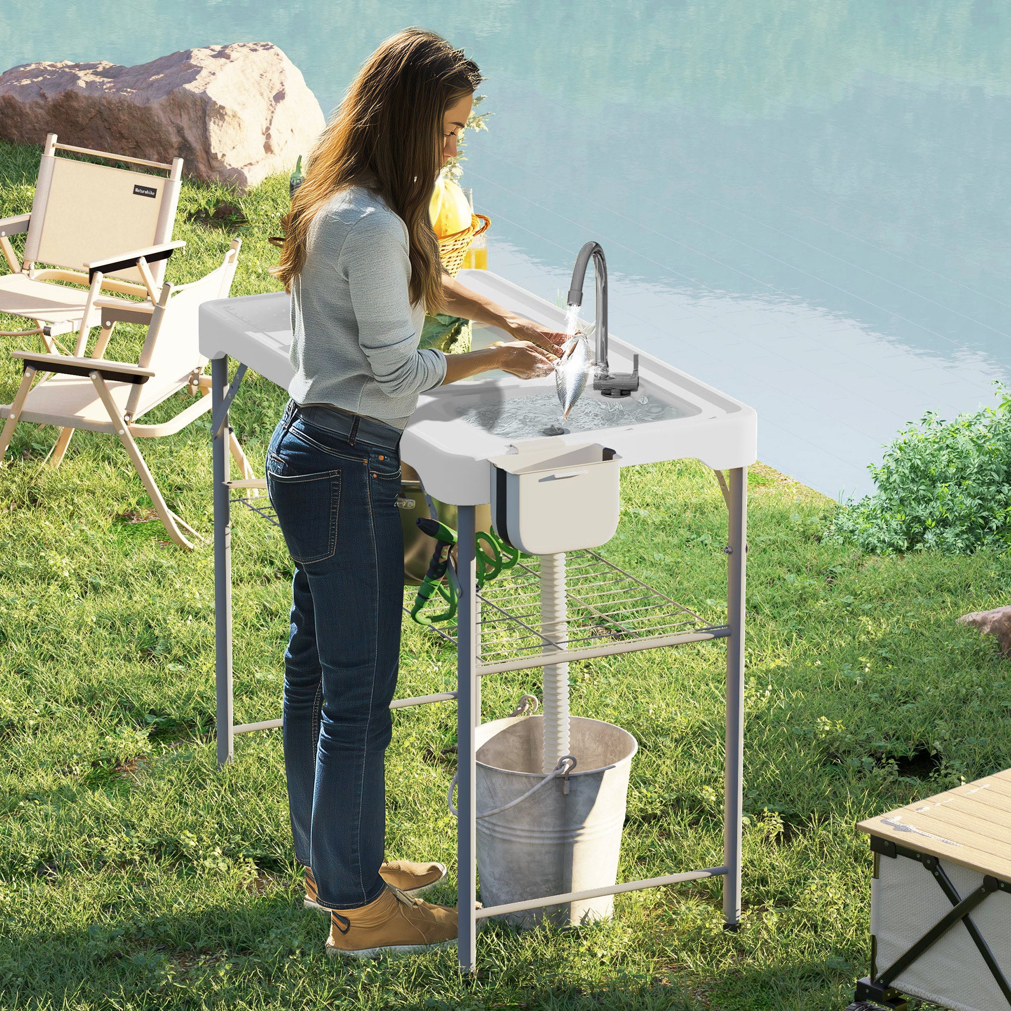 Folding Fish Cleaning Table with Sinks, Portable Camping Sink Table with Faucet, Drainage Hose