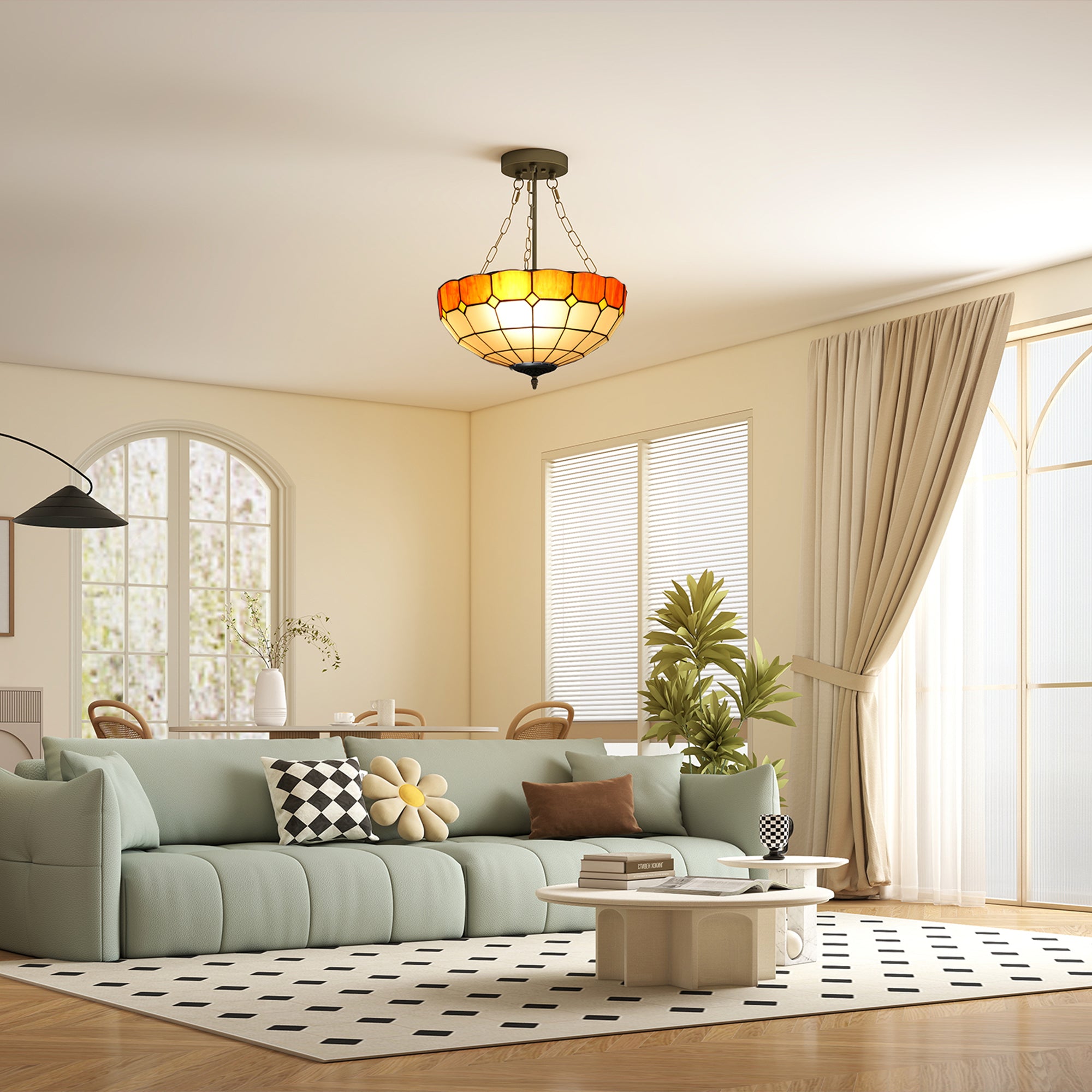 Tiffany Style Ceiling Light, Vintage Chandelier with 3 E27 Sockets, Semi Flush Mount for Living Room, Bulbs Not Included