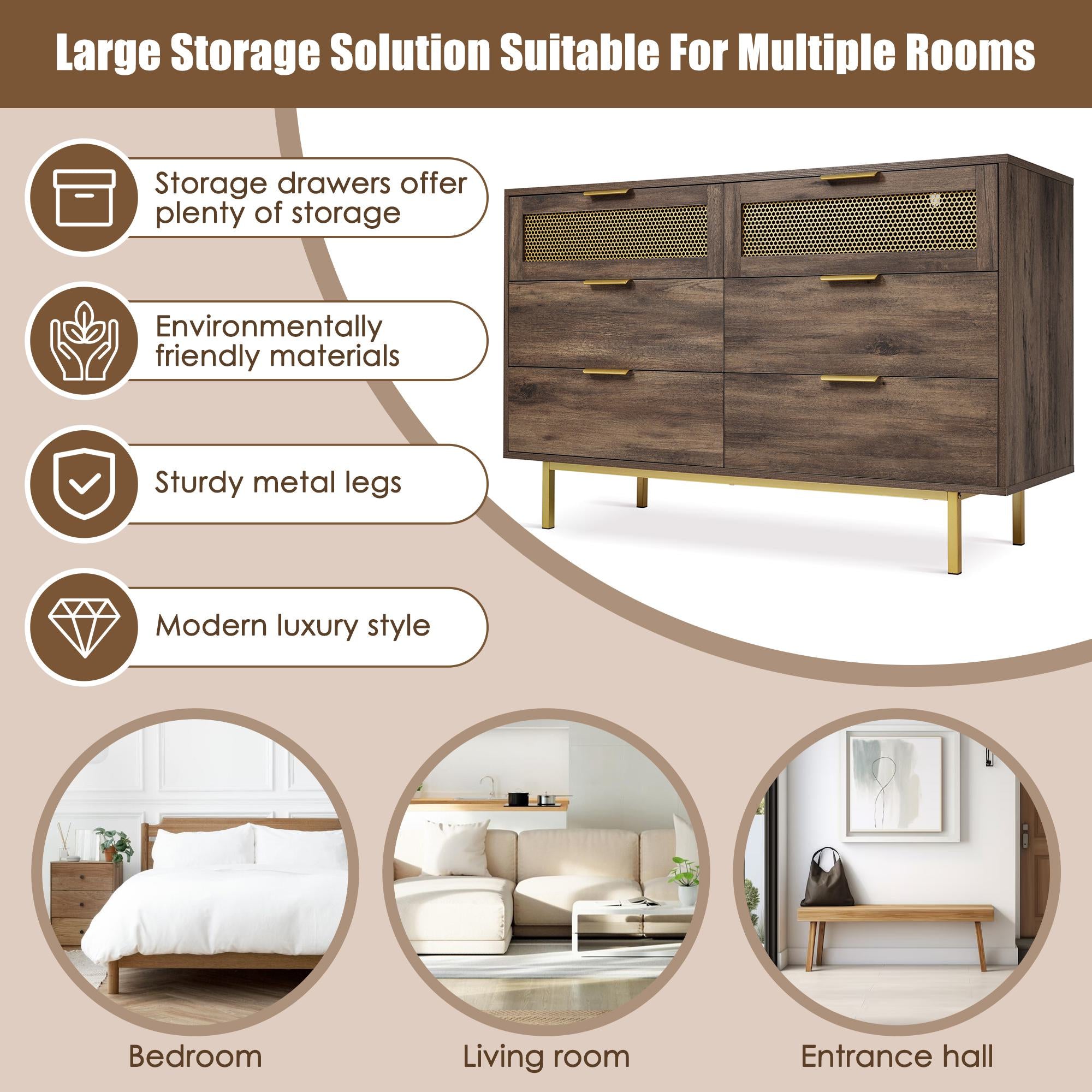 Sideboard Cabinet Dresser with 6 Drawers, Metal Handles, Multipurpose Storage Cabinet for Hallway, Bedroom, 120L x 40W x 76H cm, Dark Brown