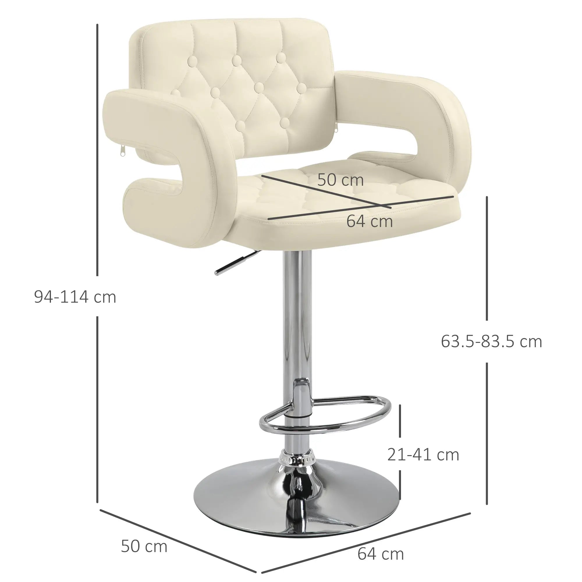 PU Leather Adjustable Swivel Bar Stool with Back, Armrest & Footrest - Cream White
