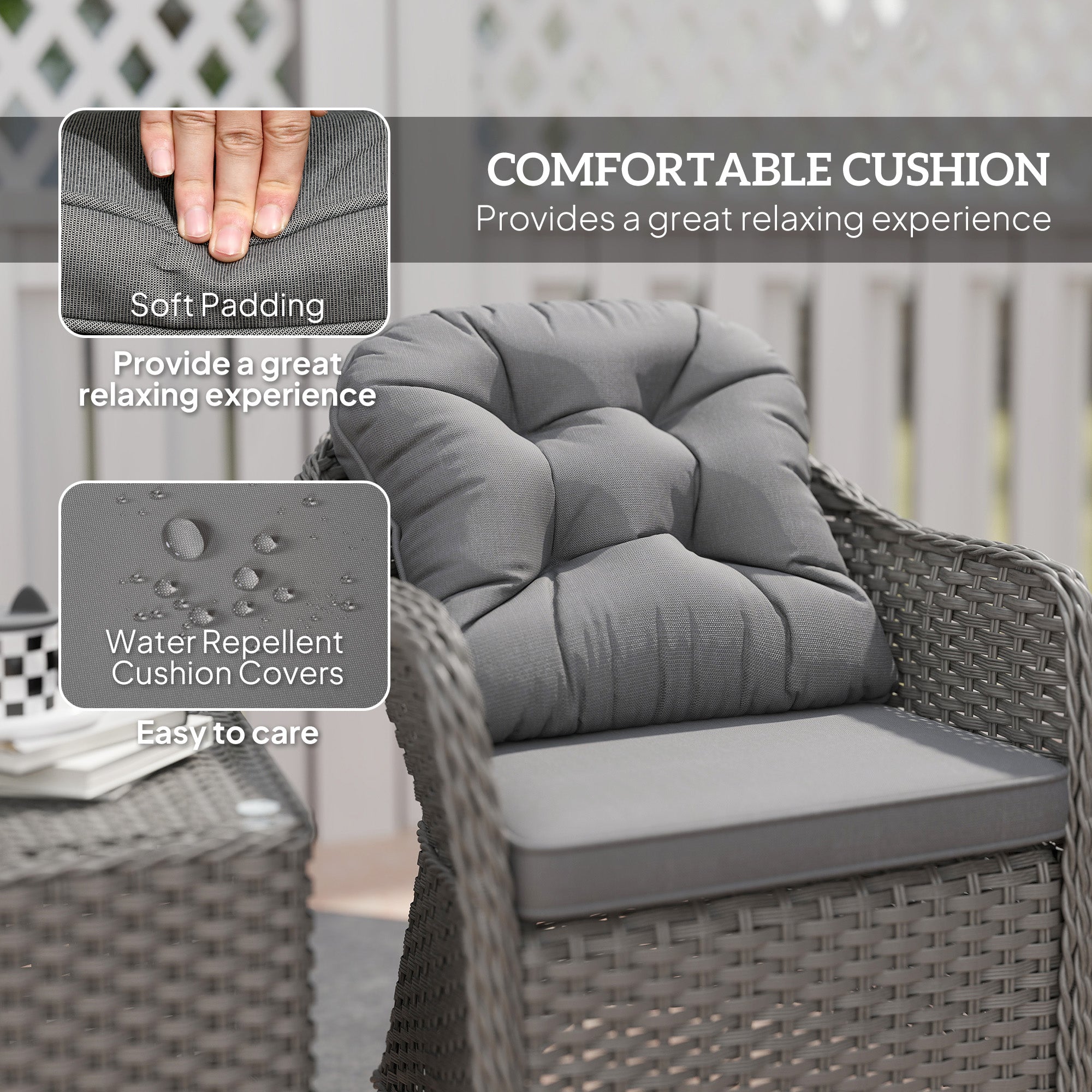 3 Piece Super Padded Rattan Patio Set with Armchairs & Coffee Table - Light Grey