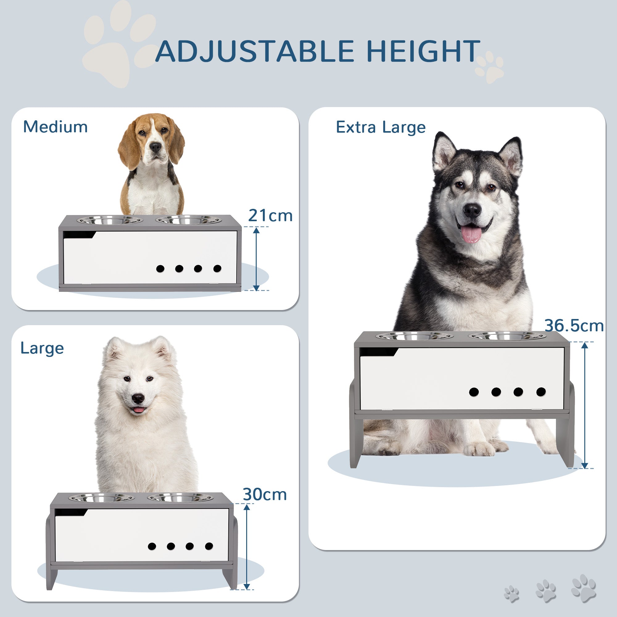 3 Height Adjustable Raised Dog Bowls, Dog Feeding Storage Station w/ Slow Feeder Mat, 2 Stainless Steel Bowls