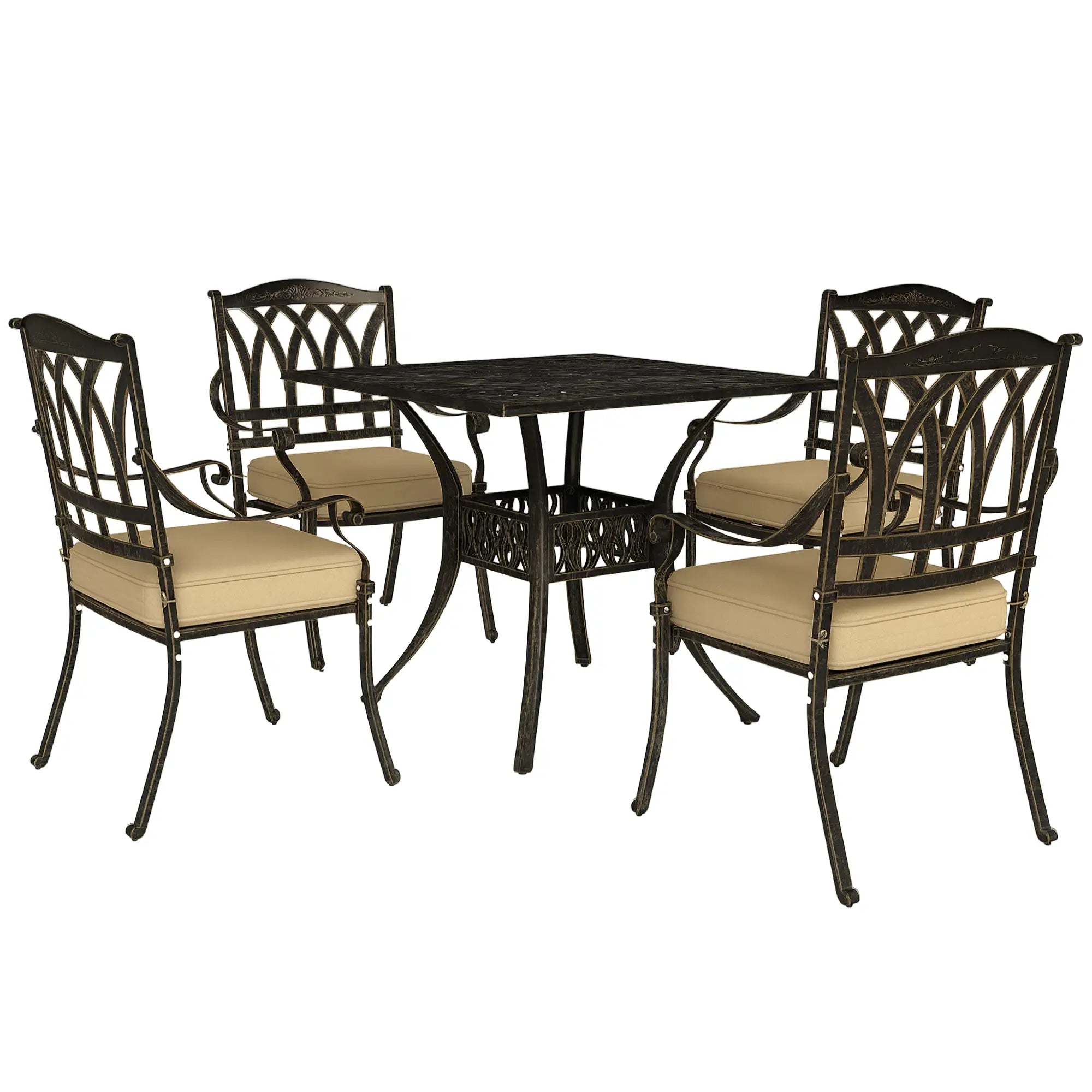 5 Piece Cast Aluminium Garden Dining Set with Cushions - Bronze Tone