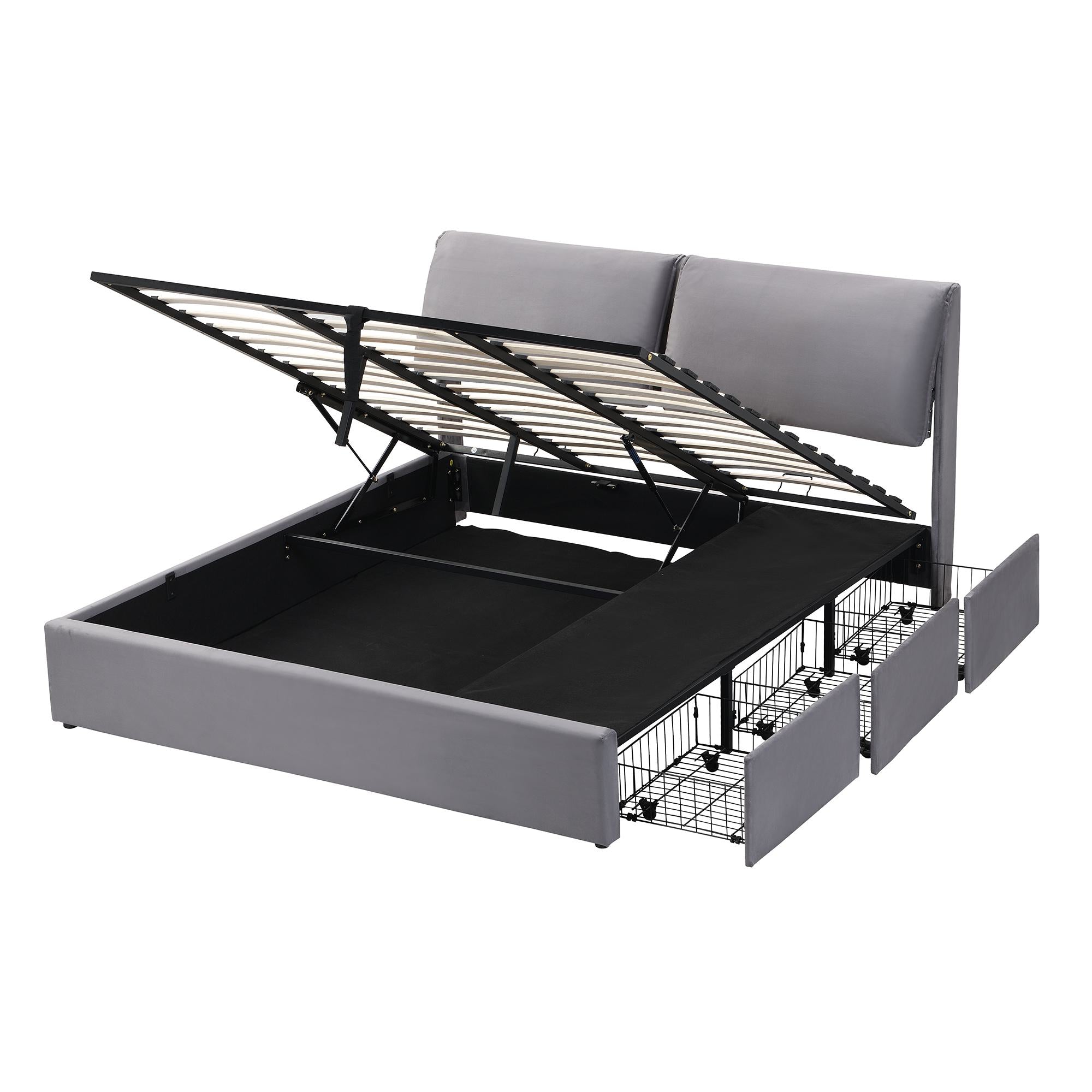 King Size Upholstered Bed with Hydraulic Storage and 3 Drawers - Grey Velvet
