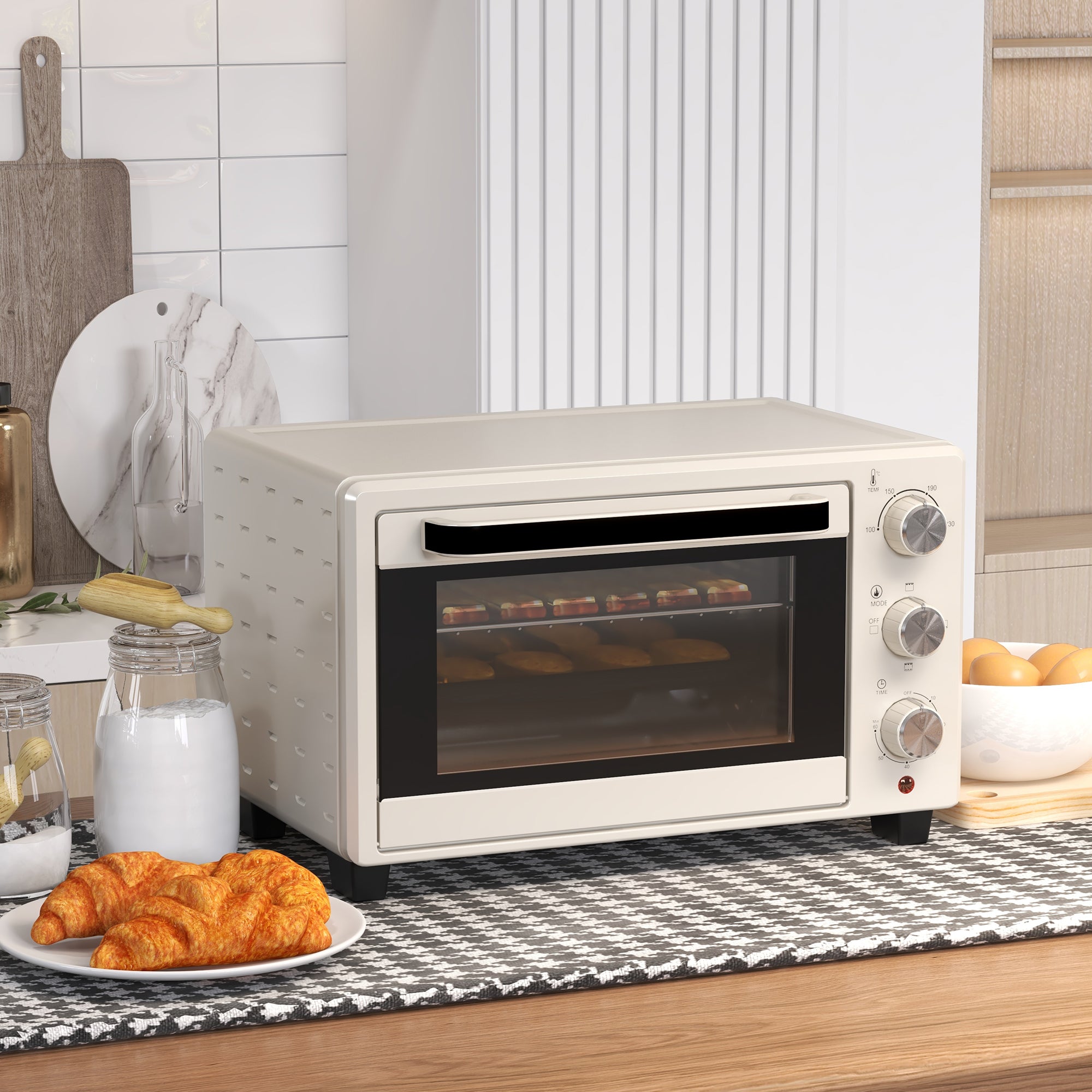 Mini Oven, 21L Countertop Electric Grill, Toaster Oven with Adjustable Temperature, Timer, Baking Tray and Wire Rack, 1400W, Cream