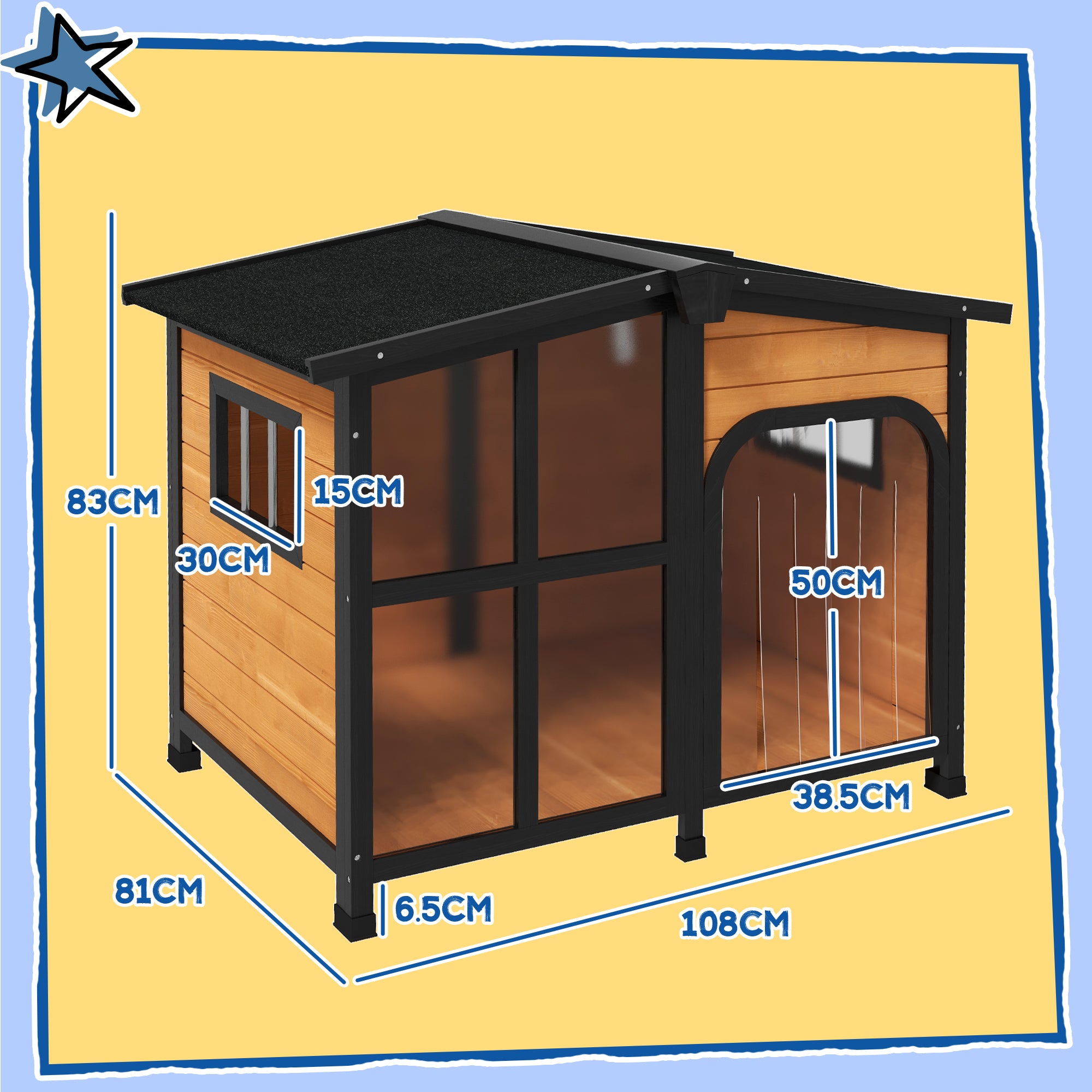 Wooden Dog Kennel with Removable Floor, Asphalt and Openable Roof, Giant Window for Large Dogs, Yellow