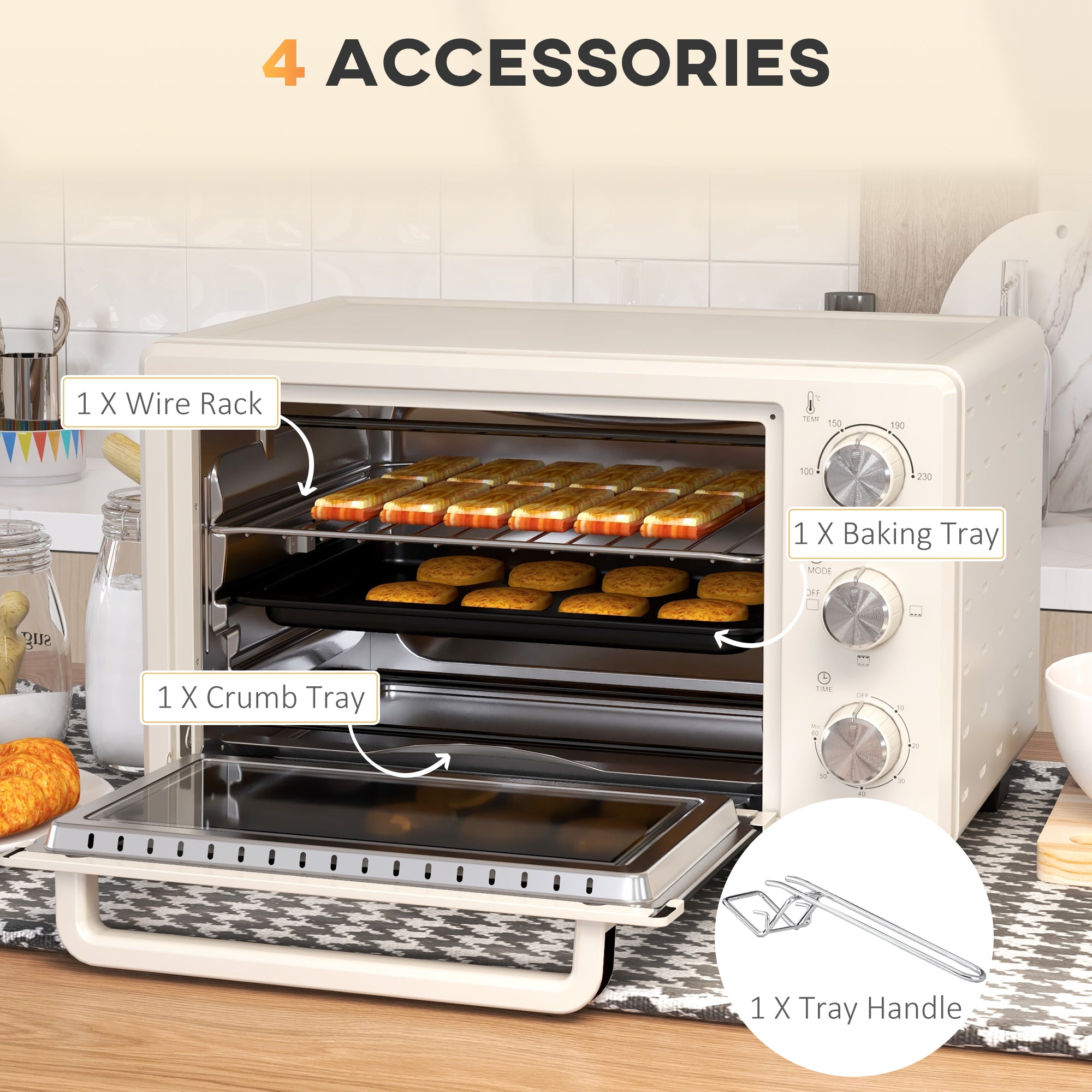 Mini Oven, 21L Countertop Electric Grill, Toaster Oven with Adjustable Temperature, Timer, Baking Tray and Wire Rack, 1400W, Cream