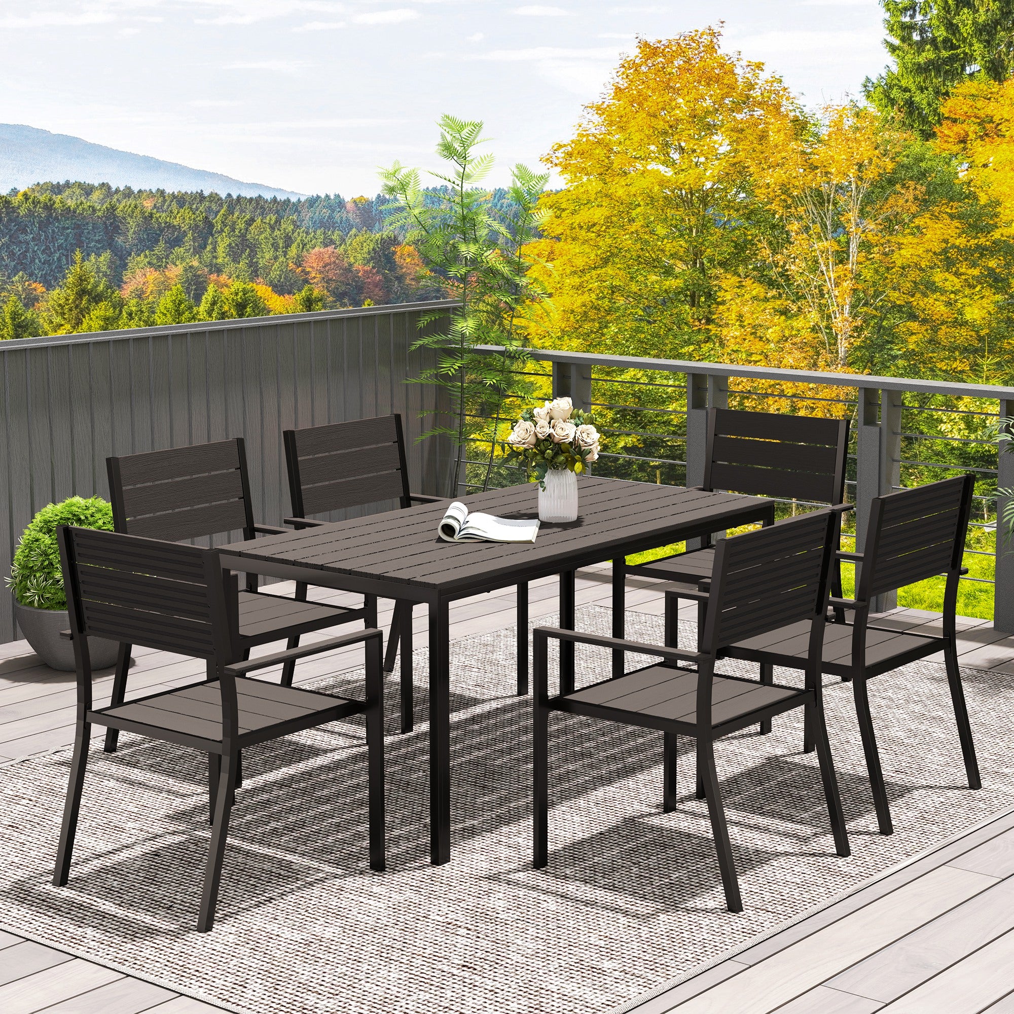 7 Piece Garden Furniture Set with HDPE Table and Stackable Chairs - Dark Brown