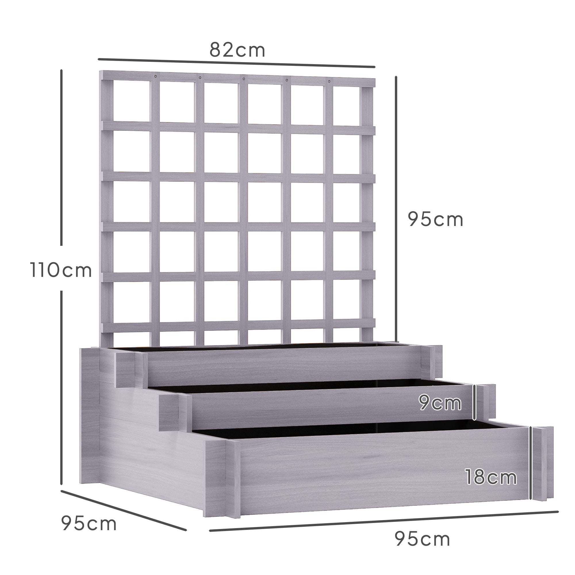 3 Tier Garden Planters with Trellis for Vine Climbing, Wooden Raised Beds, 95x95x110cm, Grey