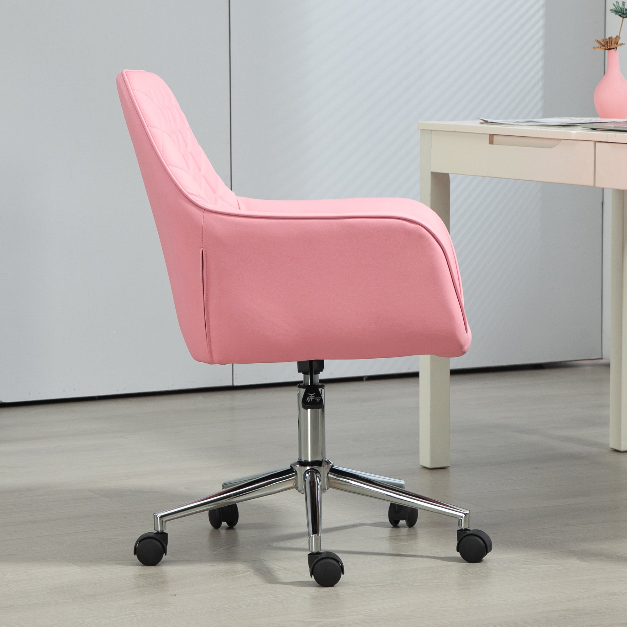 Office Desk Chair, Leather-Feel Fabric Computer Swivel Chair with Rolling Wheels and Adjustable Height for Home, Pink