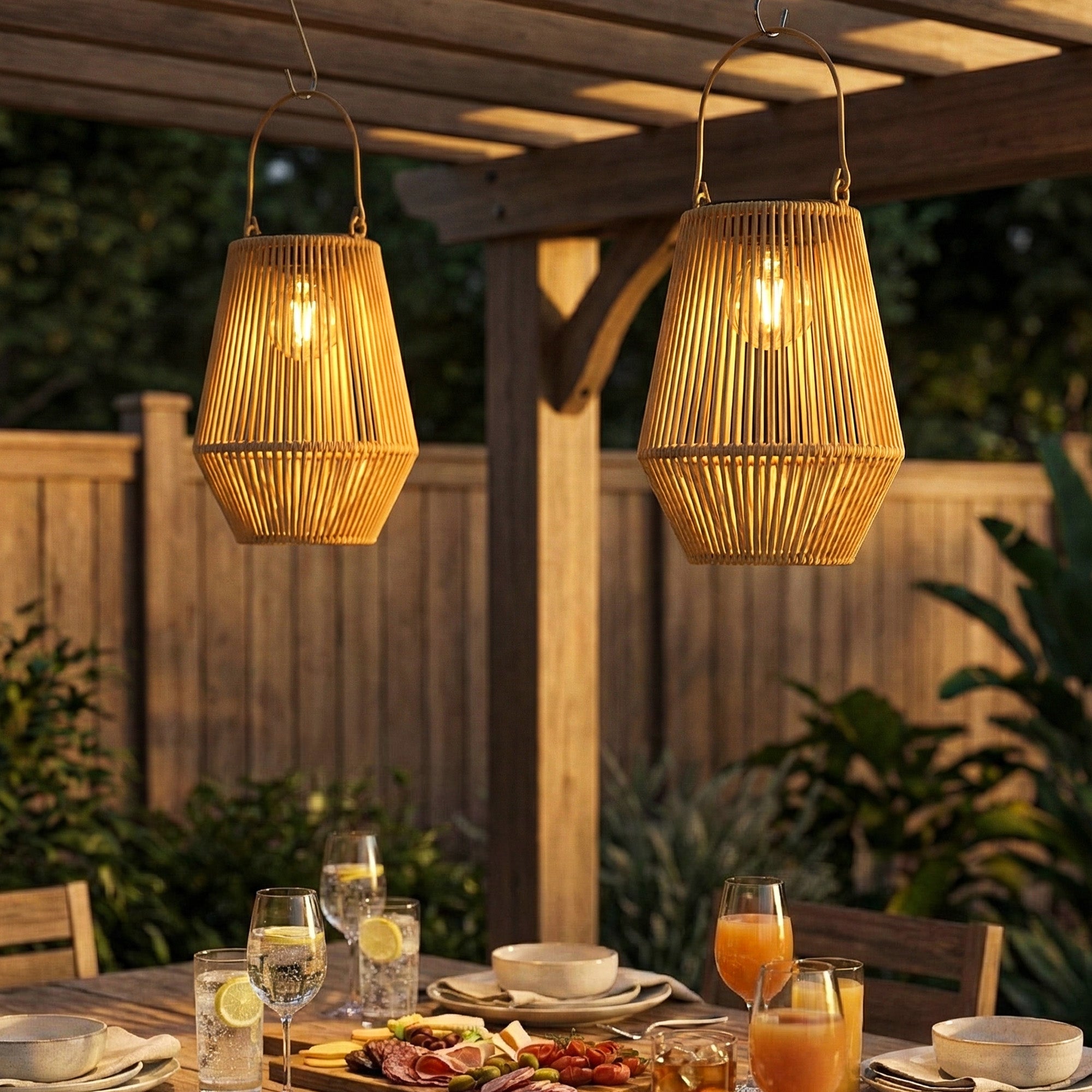 Hanging Solar Lanterns, 2 Pack Rattan Solar Lights with Handle for Patio, Pathway, Terrace, Auto On/Off, Brown