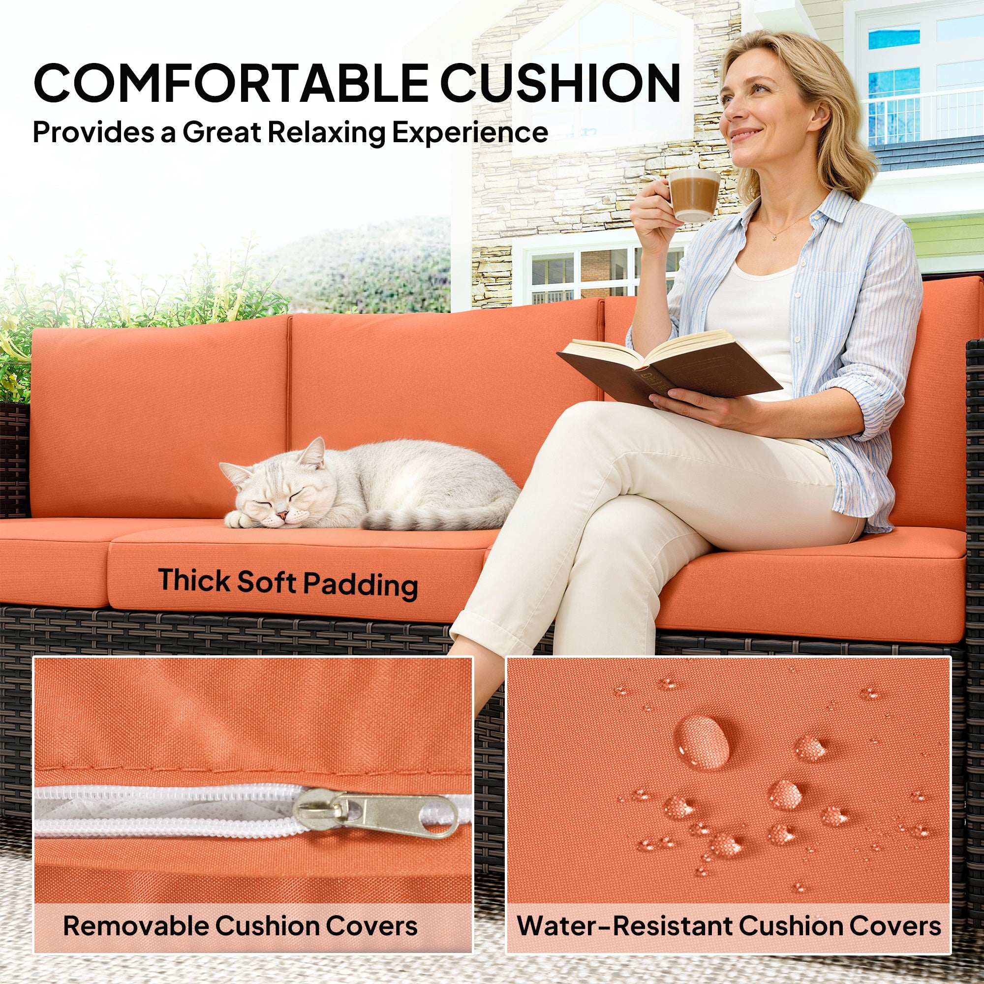 3 Seater Rattan Sofa All-Weather Wicker Weave Metal Frame Chair with Fire Resistant Cushio-Orange