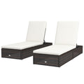 Set of Two Rattan Sun Loungers with Reclining Backs - Brown/Cream