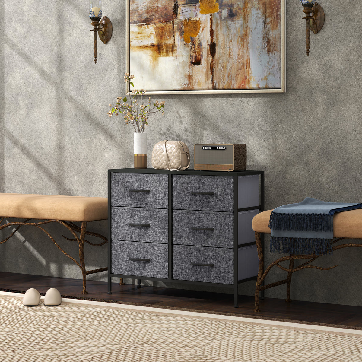 Industrial Fabric Chest of Drawers with 6 Storage Drawers, Steel Frame & Wooden Top - Black