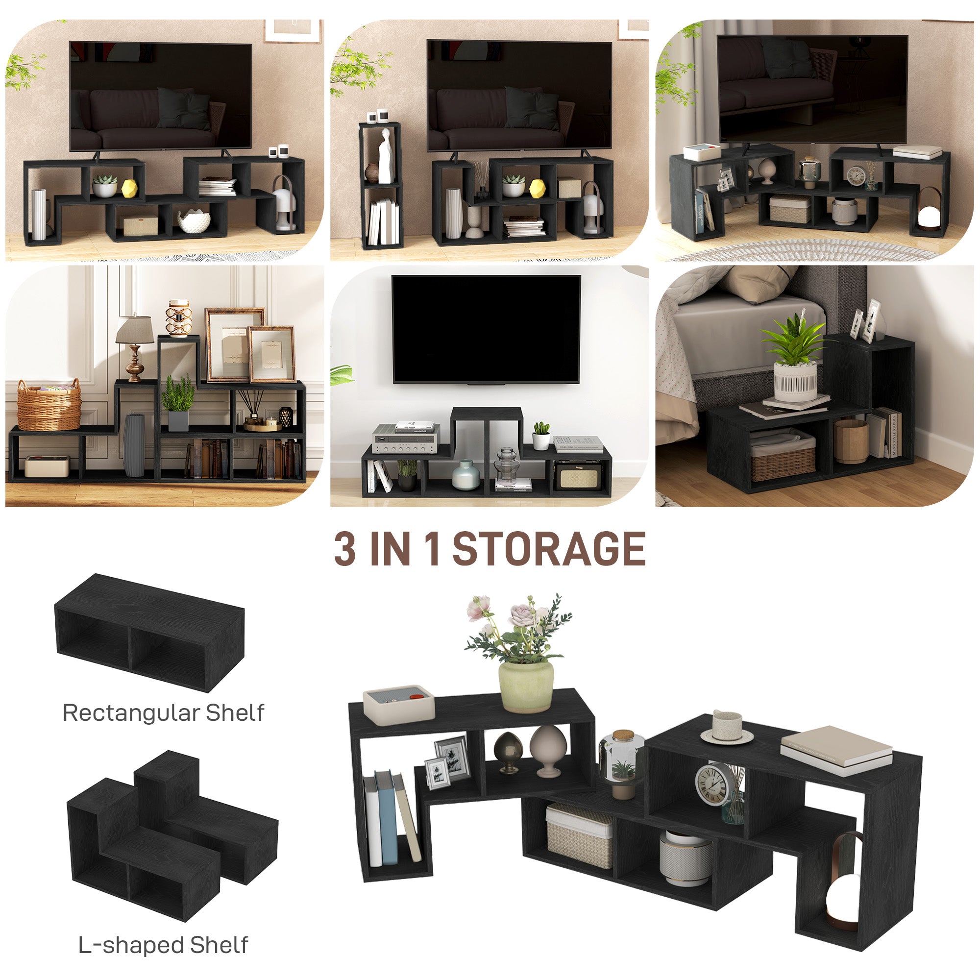 Extendable TV Stand for TVs up to 75 Inches with Storage Shelves and Modular Design - Black Wood Grain