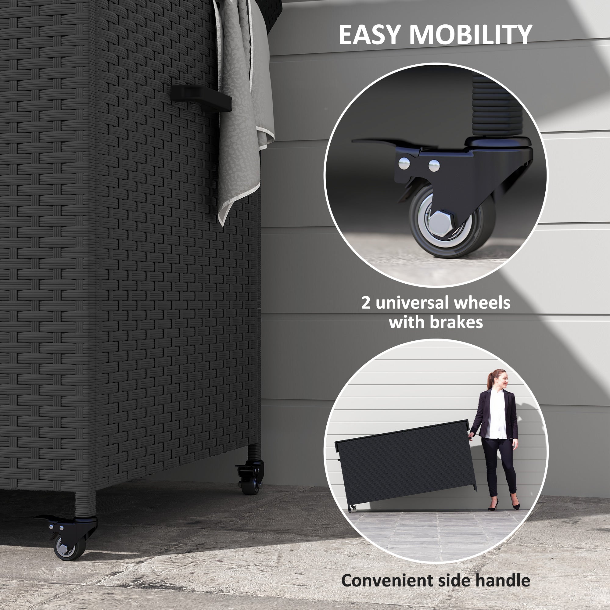 627L Rattan Storage Box with 2 Brake Wheels - Black