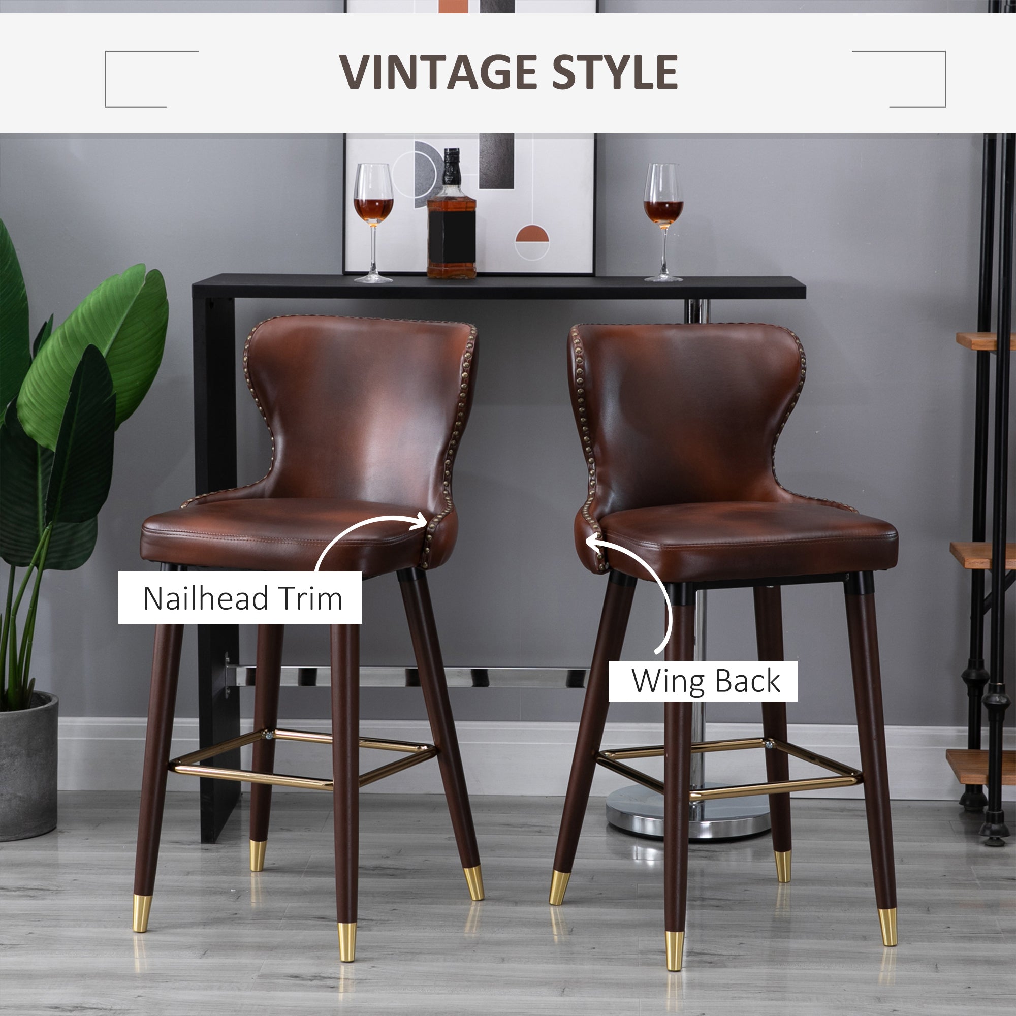 Bar Stools Set of 2, PU Leather Upholstered Breakfast Bar Chairs with 71cm Seat Height, Retro Kitchen Stools with Wingbacks, Nailhead Trim and Footrest, Brown