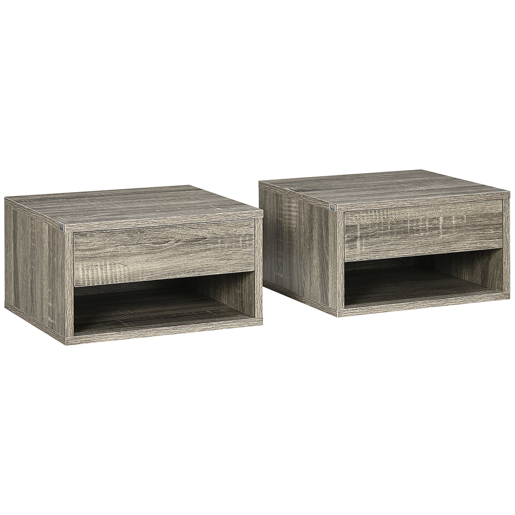 Set of Two Floating Bedside Tables Wall Mounted Nightstands with Drawer and Shelf for Bedroom, Brown Wood-Effect