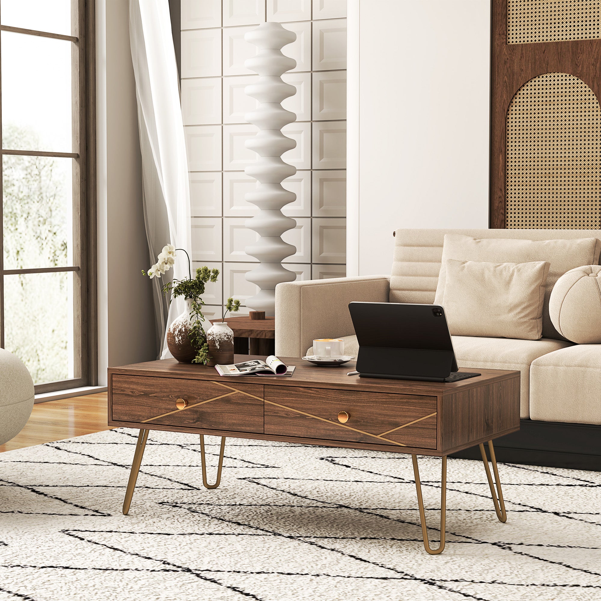 Rectangular Coffee Table with Storage Drawers 100x50x41 cm Steel Base - Brown