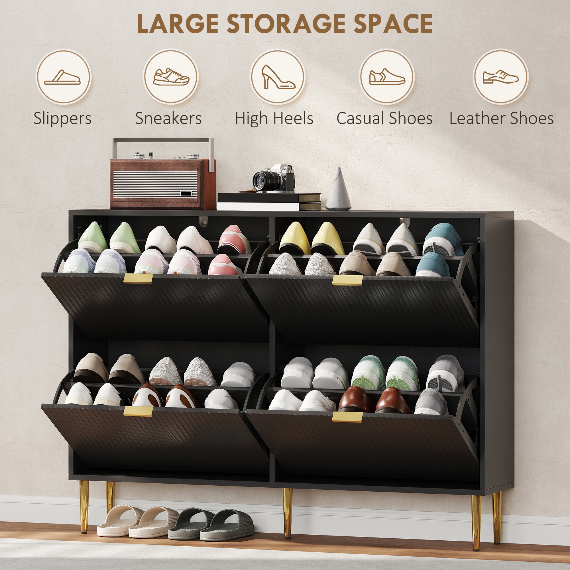 Elegant Four-Drawer Shoe Cabinet - Black
