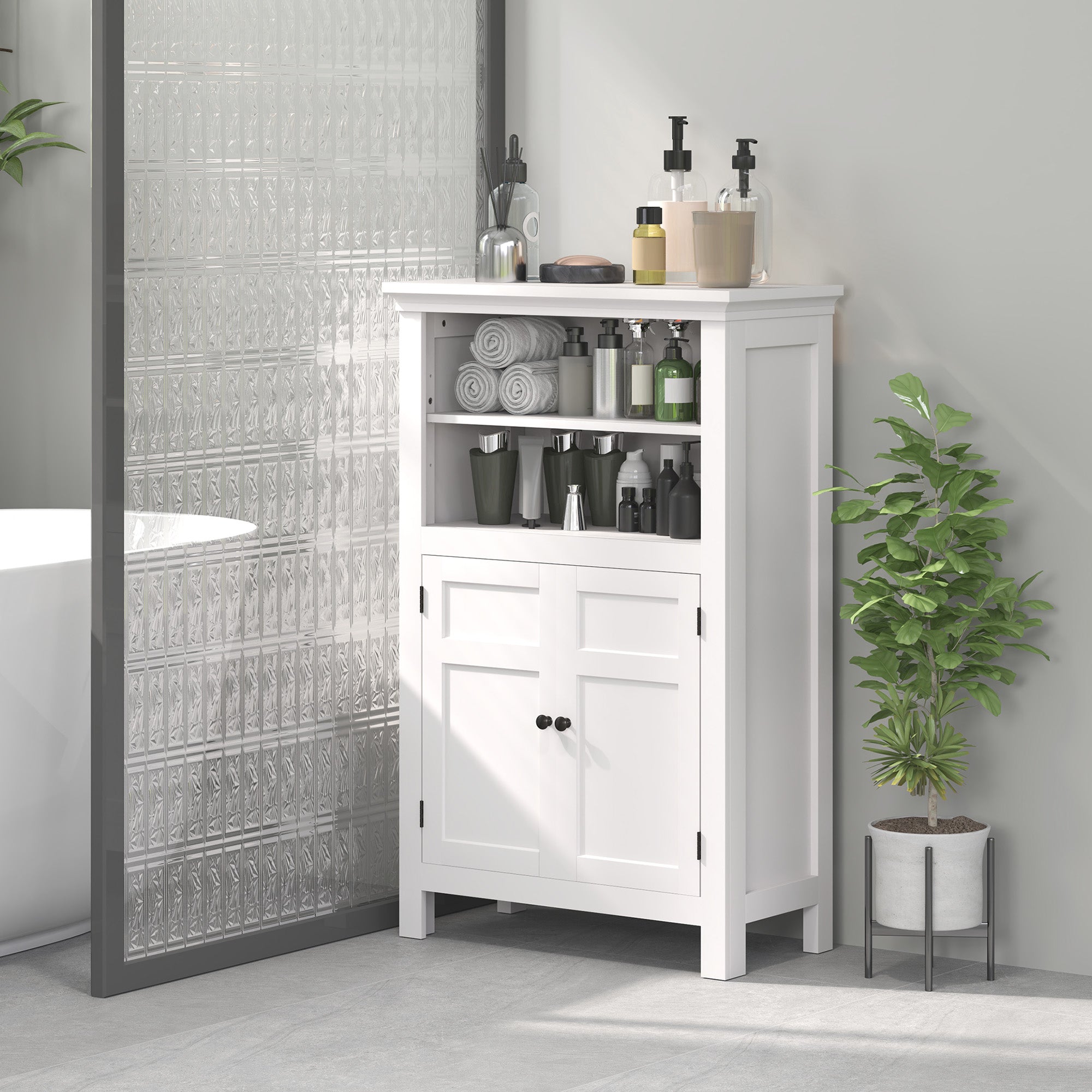 Modern Multi-Storage Bathroom Cabinet with Shelves and Cupboard - White