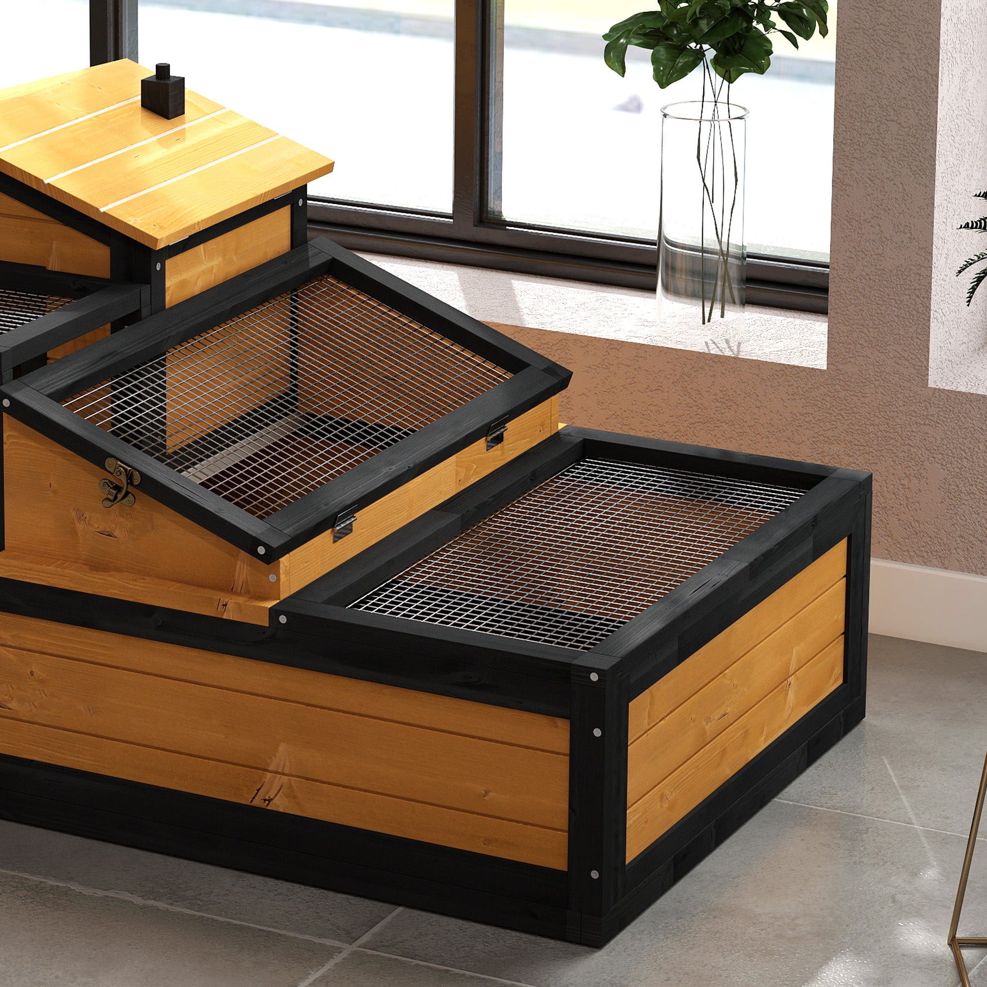 Wooden Tortoise House with Balcony, Tray & Roof for Indoor & Outdoor Use - Yellow