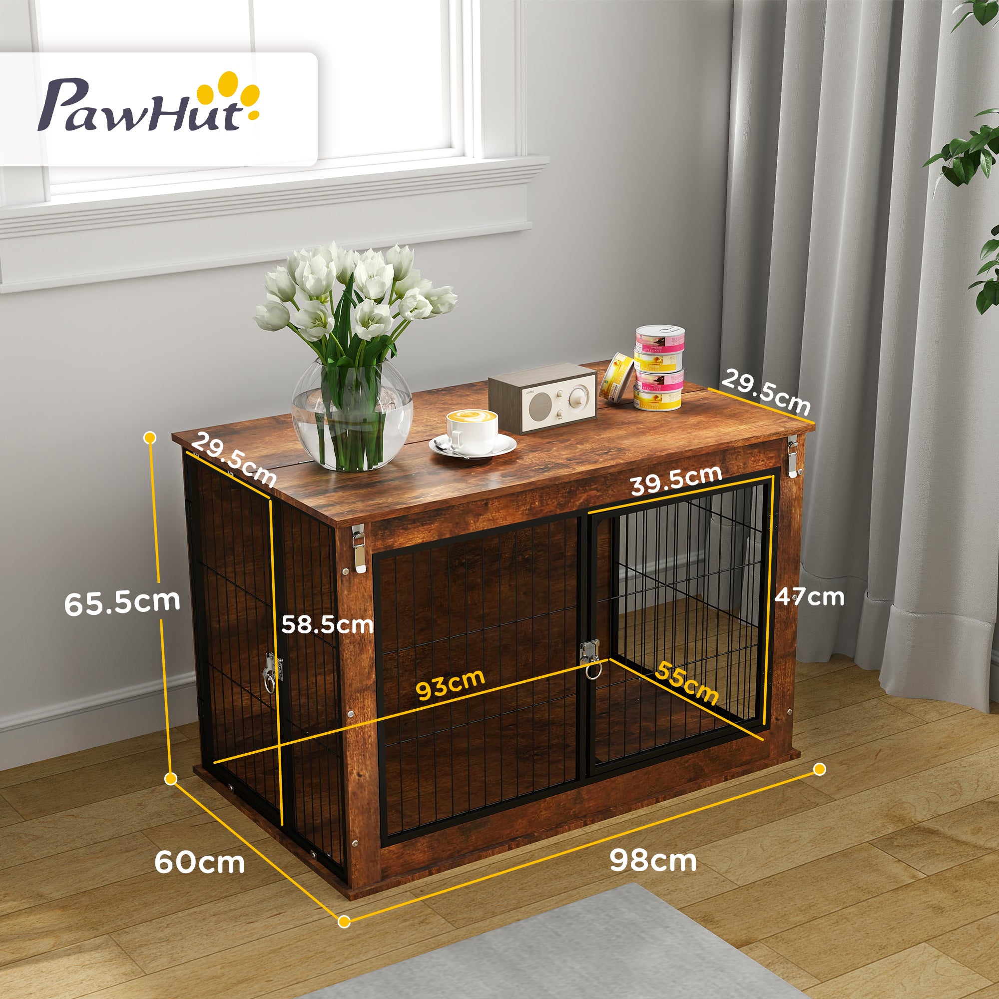 Dog Crate Furniture with Flip-up Top, 2 Doors, for Large Dogs, 98 x 60 x 65.5cm, Rustic Brown