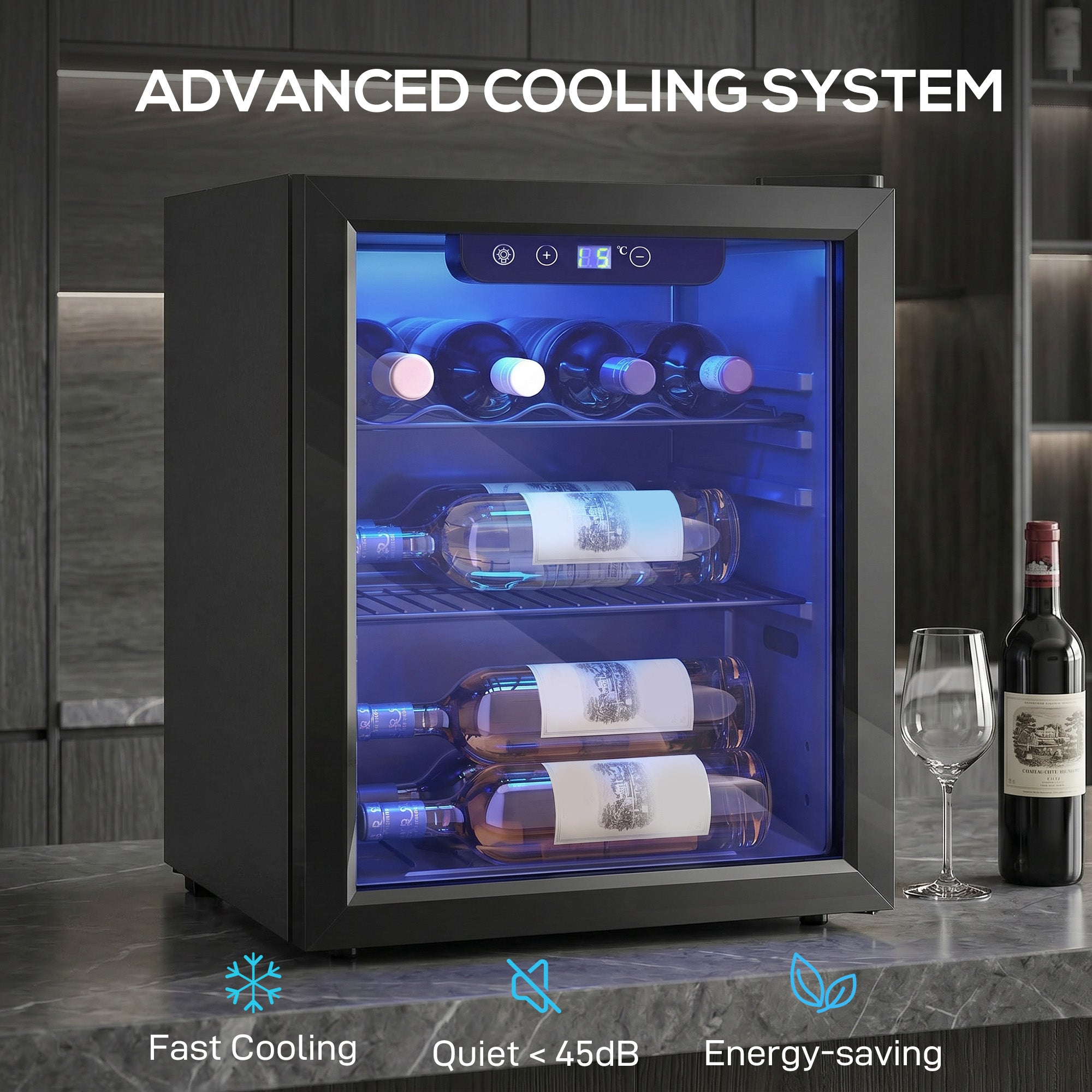 16 Bottle Wine Cooler, 48 Litre Capacity, 4-16°C Under Counter Drinks Beer Wine Fridge with Glass Door, LED Light, Black