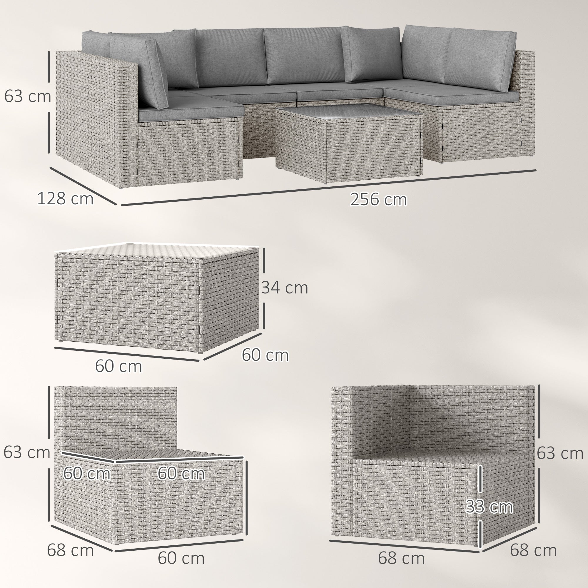 Seven-Piece Modular Rattan Set - Grey