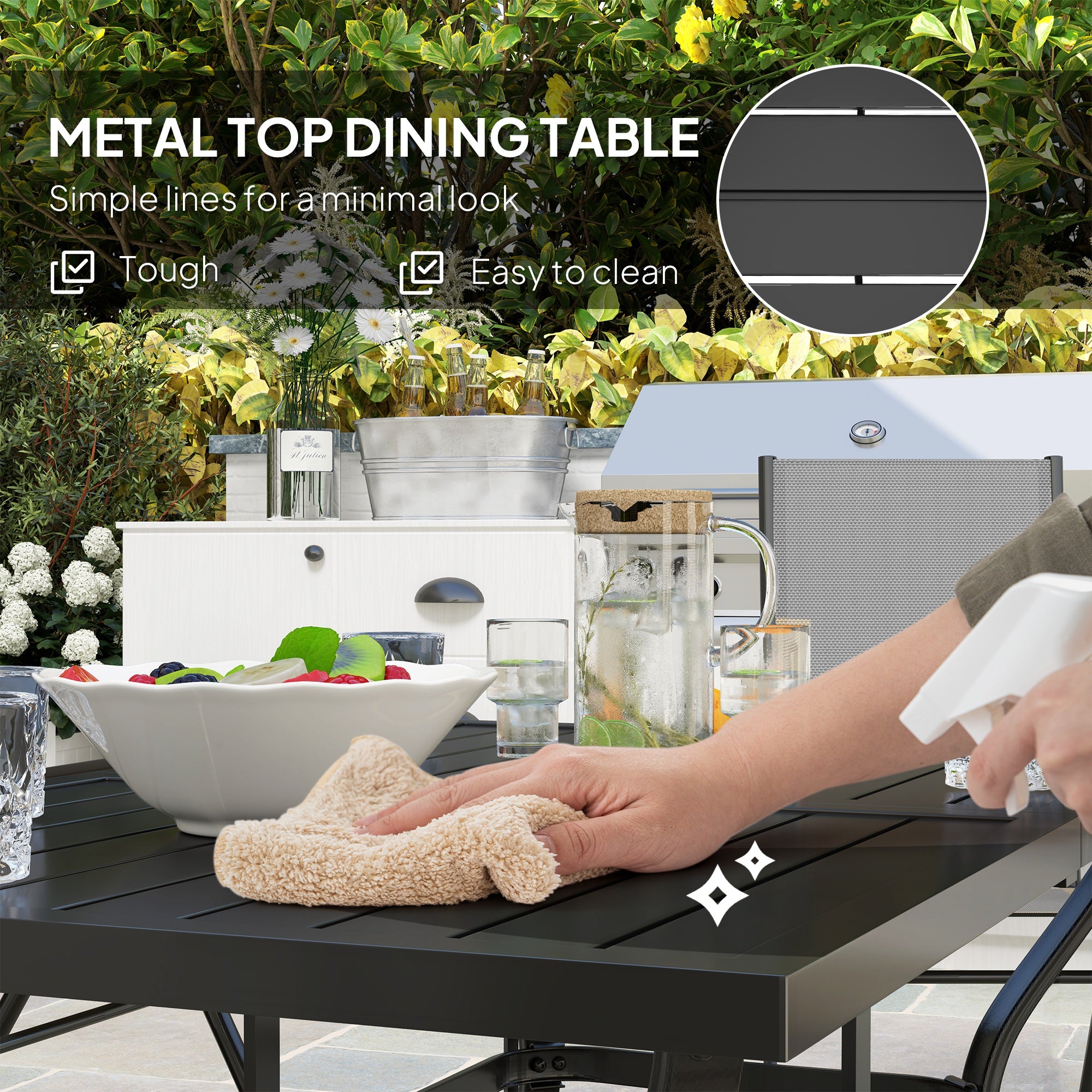 7 Piece Steel Outdoor Dining Set with Parasol Hole - Grey