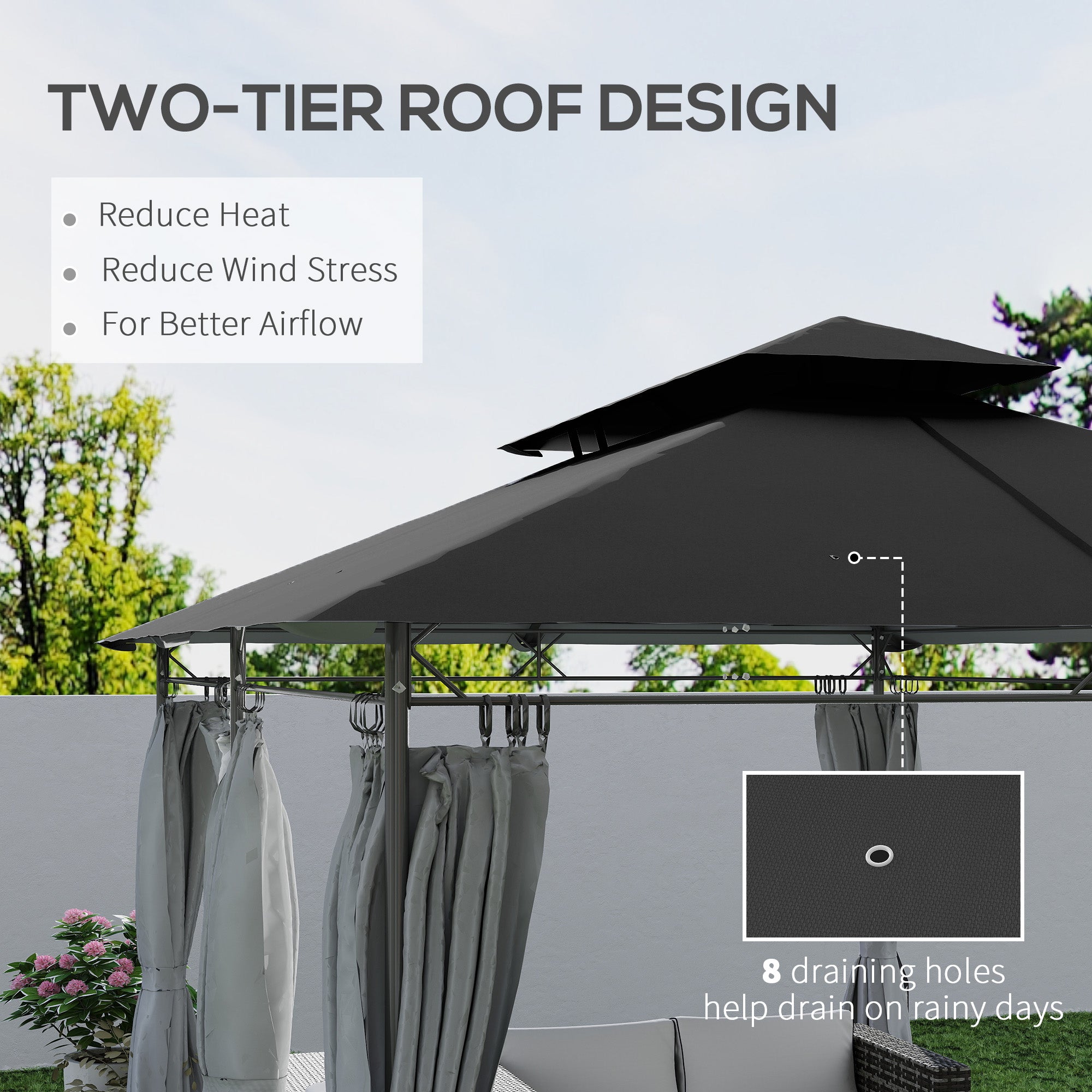 3 x 4m Metal Frame Two-Tier Roof Gazebo - Dark Grey